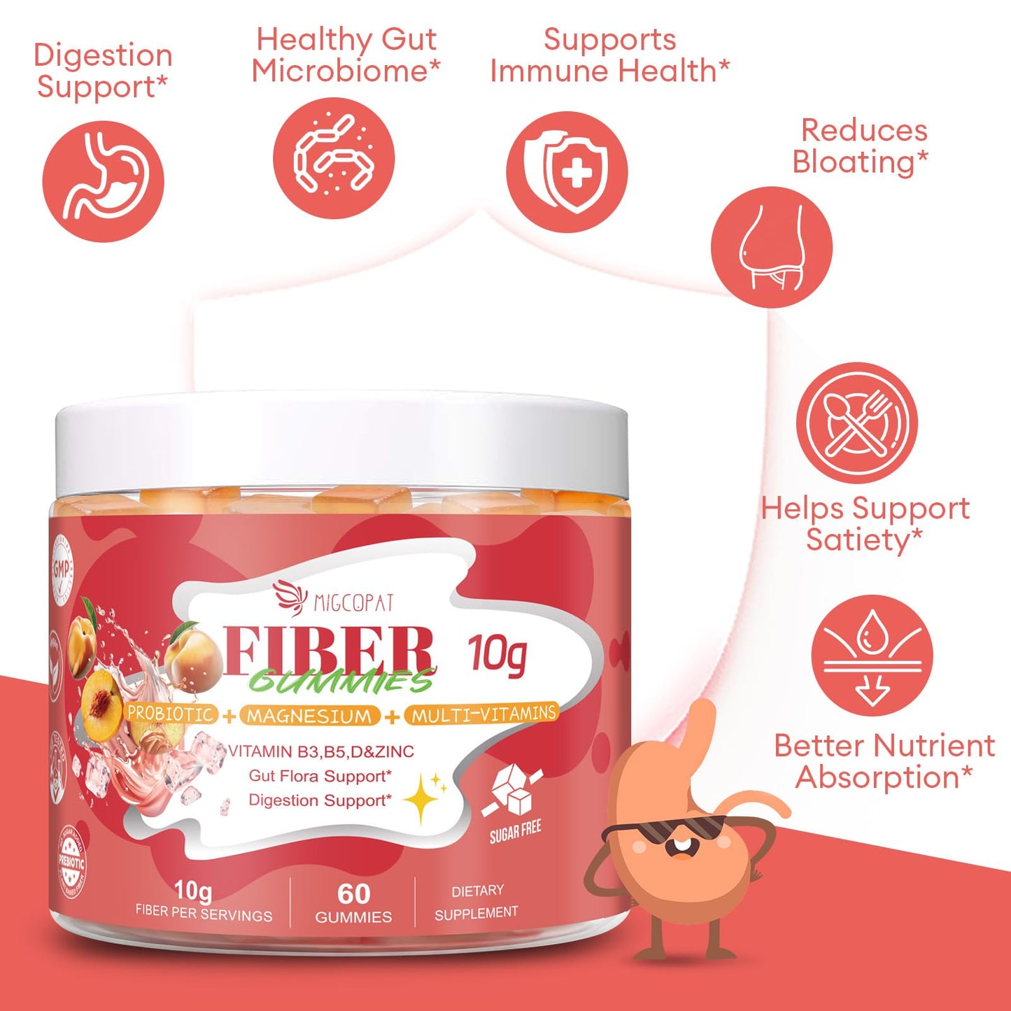 Migcopat 10G Fiber Gummies for Adults with Vitamins C, D, B3, B5 – Probiotic Digestive Health Gummies with 30 Billion CFU Probiotic Blend, Inulin, ACV, Magnesium & Zinc, 60 Count