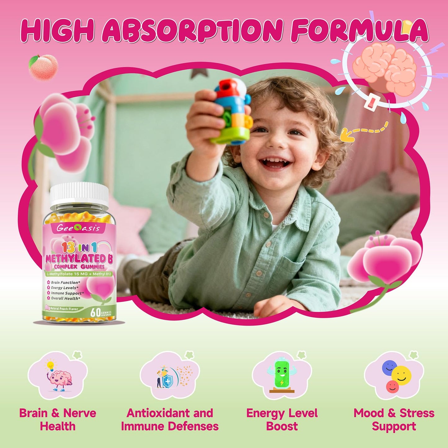 Geeoasis L-methylfolate for Kids Gummies, Methylated B Complex Chewable Supplement for Women, with Methylated B12, Zinc Citrate, Vitamin C, Choline, Theanine & Saffron, Energy, Stress, 5-MTHFR, 60 Count