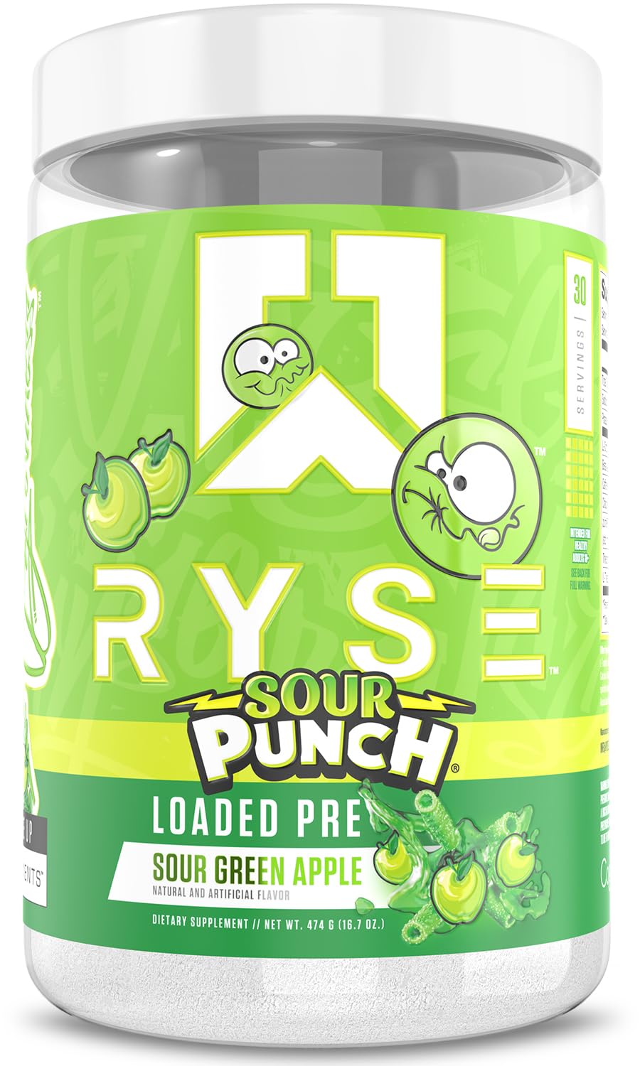 RYSE Up Supplements Loaded Pre Workout Powder Sour Punch Green Apple, 15.3 oz