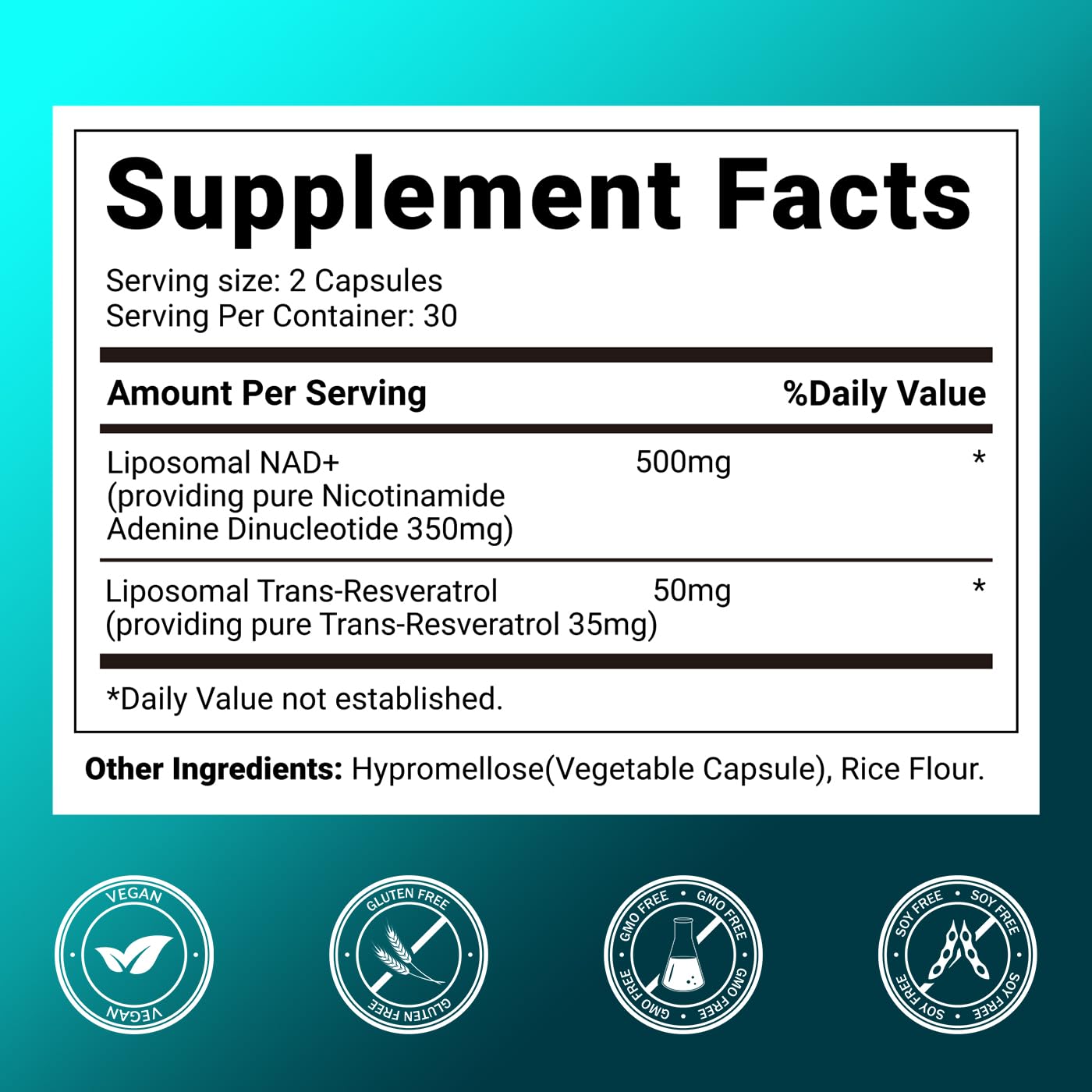 Svovita NAD Supplement 500mg Liposomal NAD+ Supplement with Trans-Resveratrol for Women & Men, Vegan Non-GMO, 60 Capsules