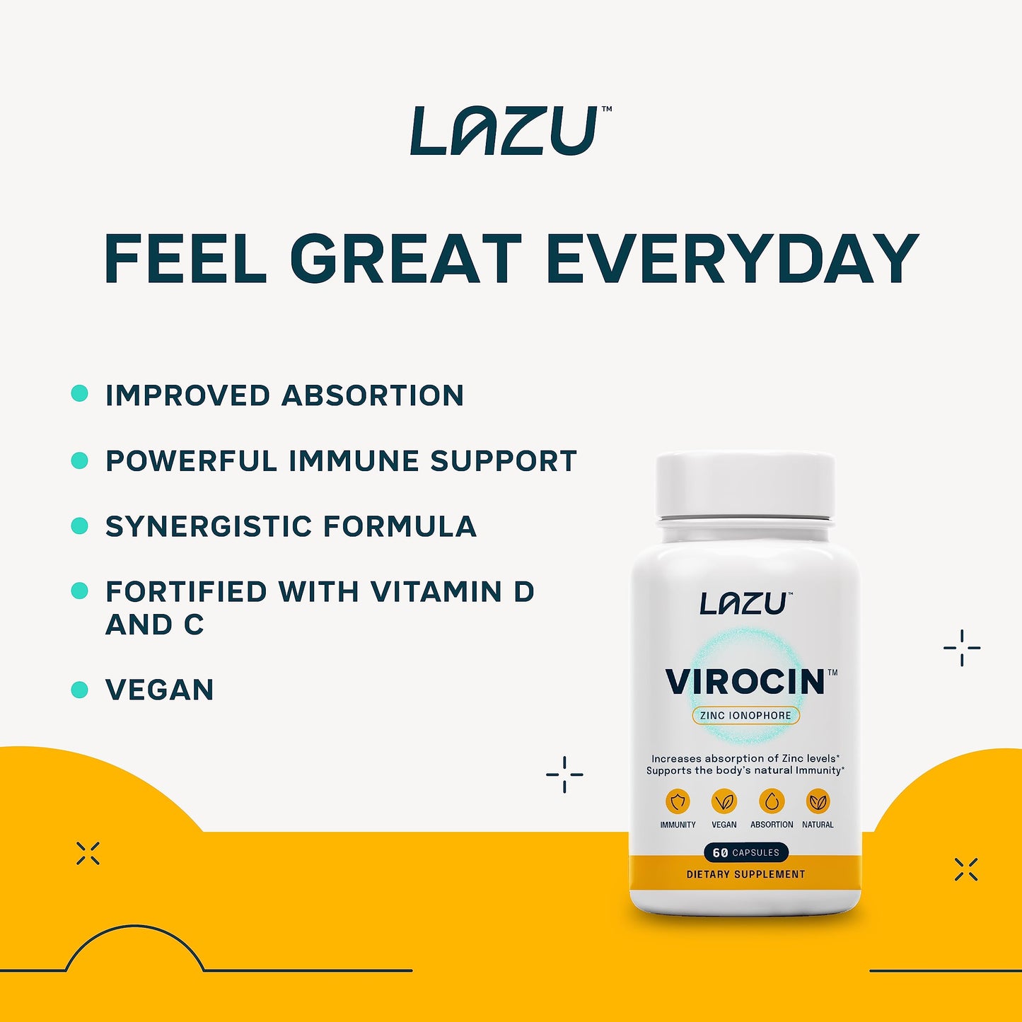 LAZU Virocin Zinc Supplements Ionophore Complex with Zinc, Quercetin, Vitamin C & Vitamin D3, Immune Support for Men & Women, Vegan Capsules, 60 Count