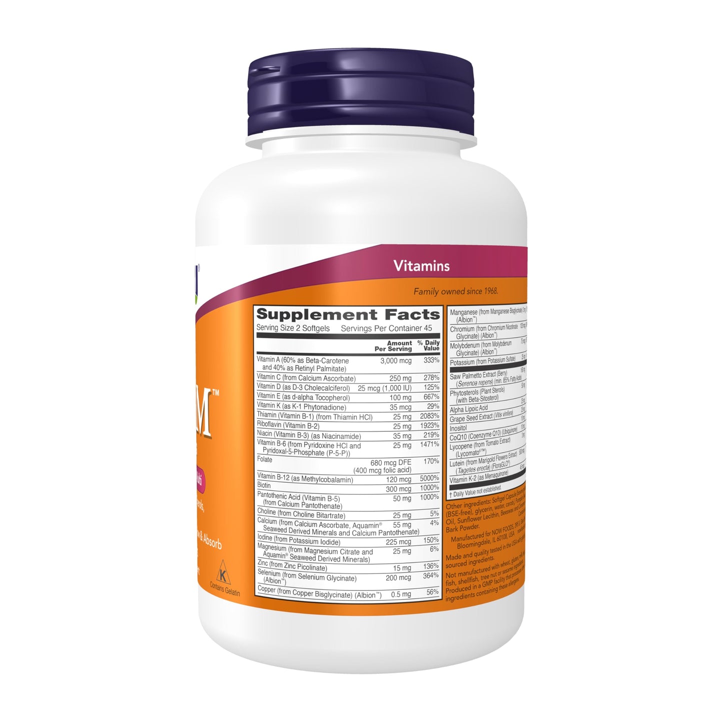 NOW Foods ADAM Men's Multivitamin with Saw Palmetto, Plant Sterols, Lycopene & CoQ10 Softgels, 90 Softgels