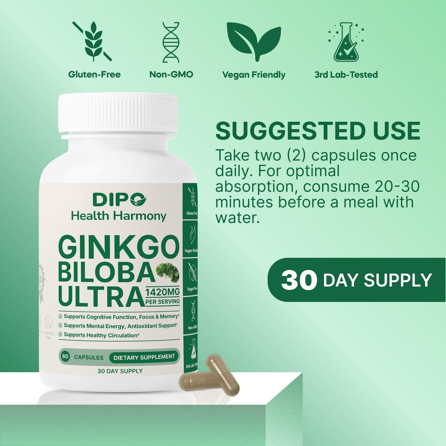 DIPO HEALTH HARMONY Ginkgo Biloba Ultra Extra Strength Capsules, 60 Count
