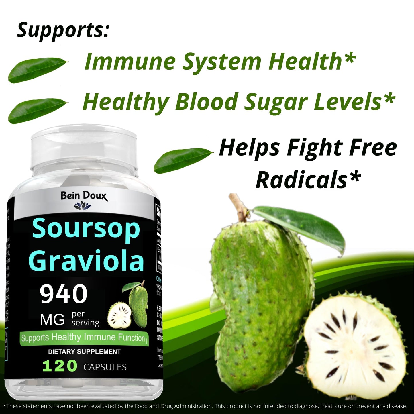 BEIN DOUX 940mg Soursop Graviola Leaves Powder Capsule Rich in Antioxidants, 120 Capsules