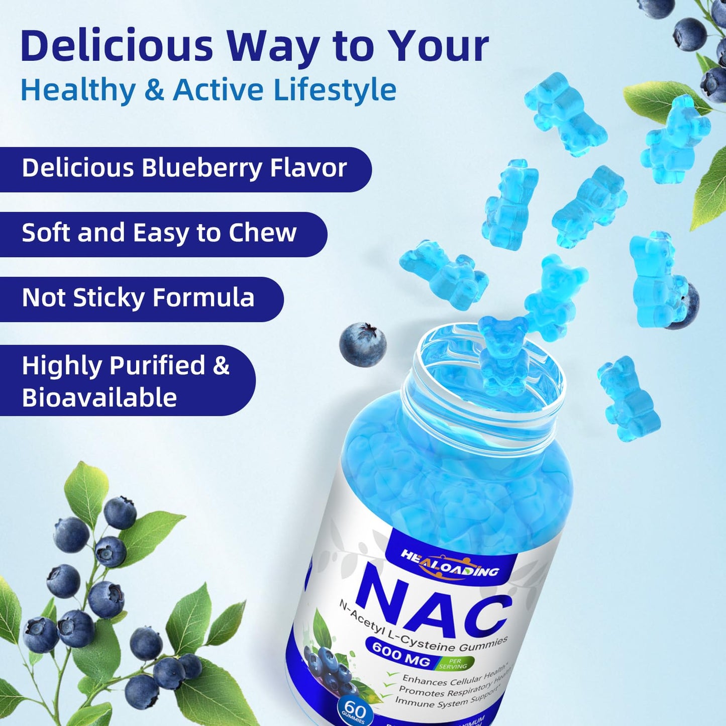 HEALOADING NAC Gummies 600mg (N-Acetyl Cysteine) for Respiratory Health, Liver Detox & Antioxidant Support, 60 Count