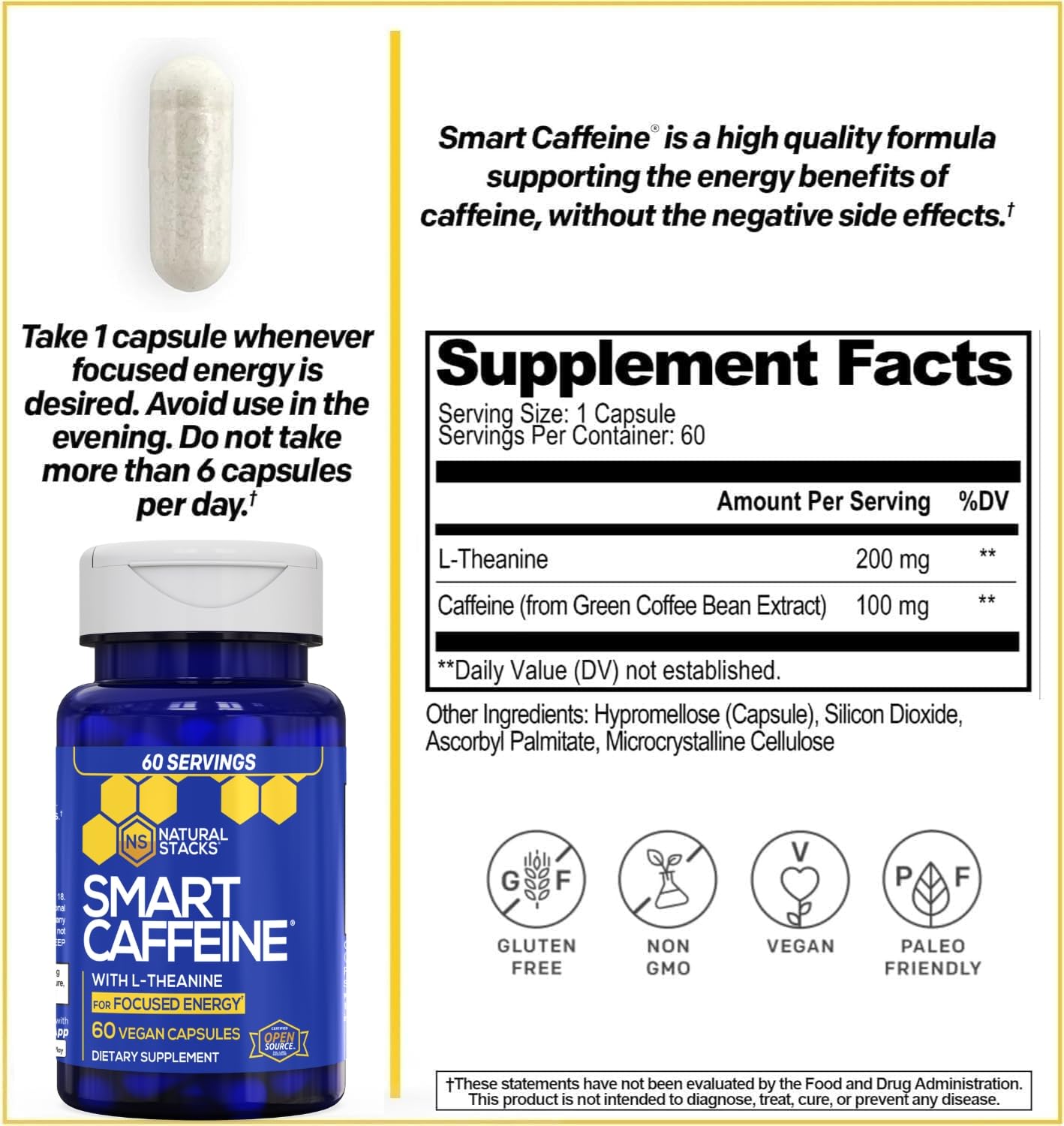 NATURAL STACKS Smart Caffeine Pills Capsule 60 Capsules