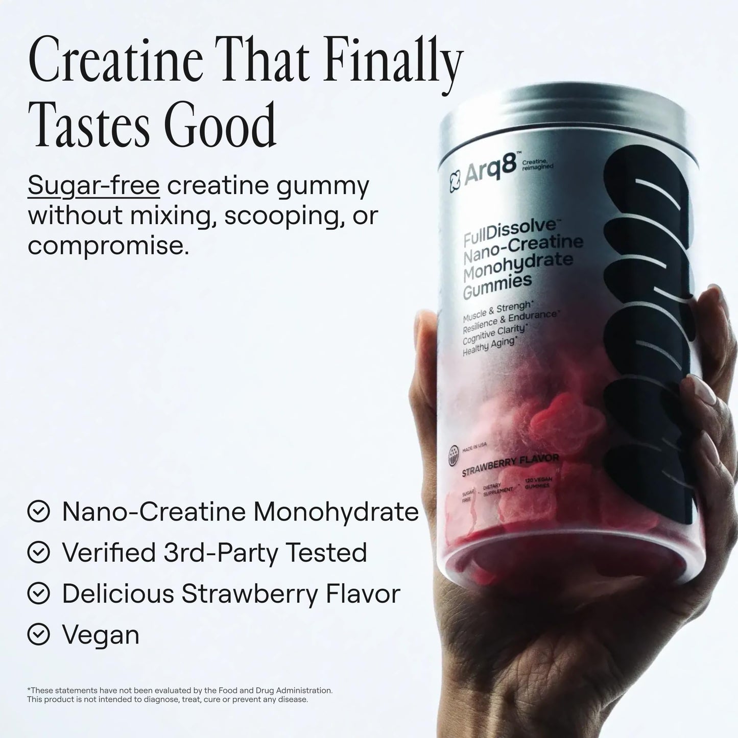 ARQ8 LONGEVITY Creatine Monohydrate Gummies 5000 mg per Serving, Strawberry Flavored, Sugar Free, Vegan, 120 Gummies