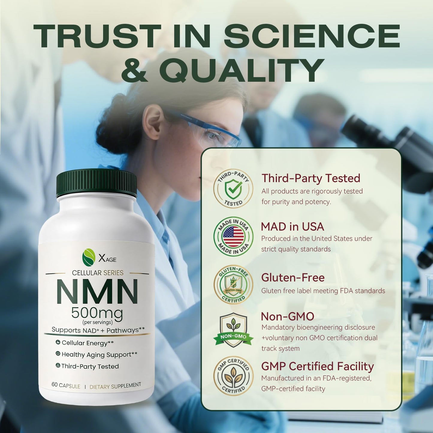 XAGE NMN Supplement 500mg with Quercetin EGCG Resveratrol &TMG Capsule, 60 Count
