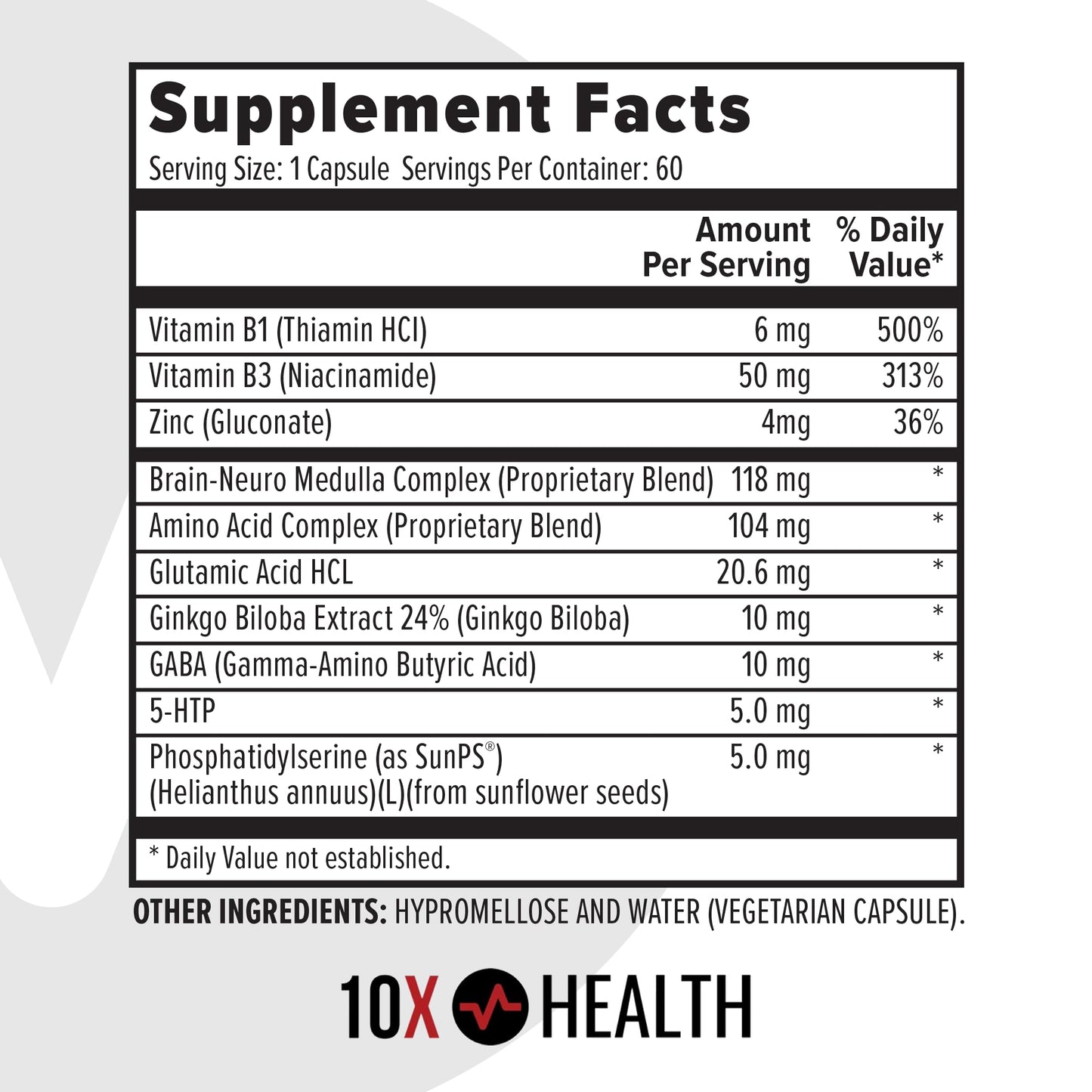 10X Health System Neuro Medulla Brain Supplement Capsules - Nootropics Brain Support with Vitamin B1 & B3, Zinc, Ginkgo Biloba & More - 60 Capsules