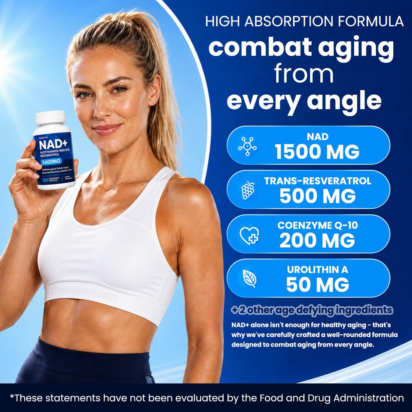 FOUNTIVA Liposomal NAD Supplement 2400mg NAD+ Nicotinamide Riboside with Resveratrol, CoQ10, TMG & PQQ Capsules, 120 Count