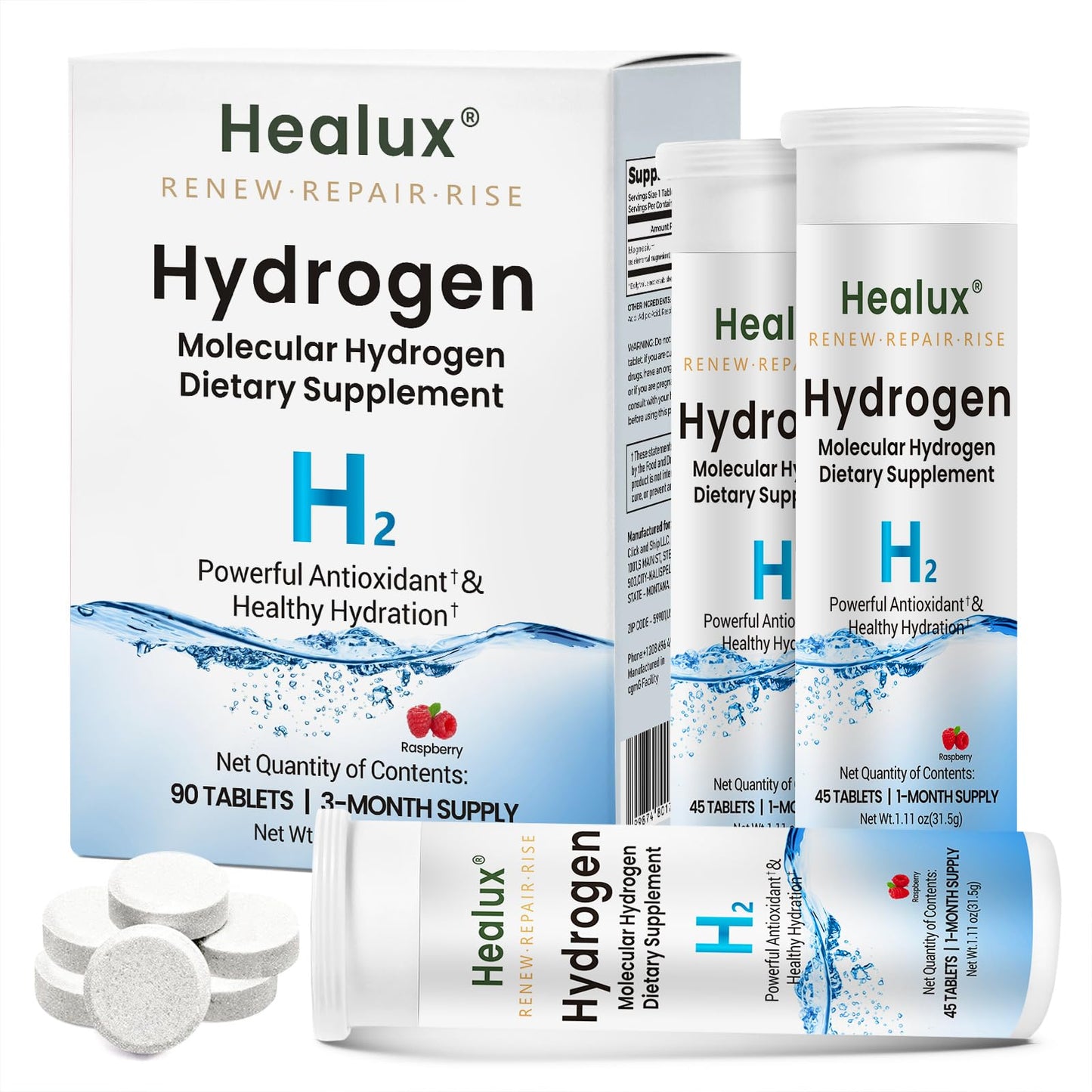 Healux Hydrogen Water Tablets 12 PPM - Molecular H2 Tablets with Magnesium, 90 Tablets