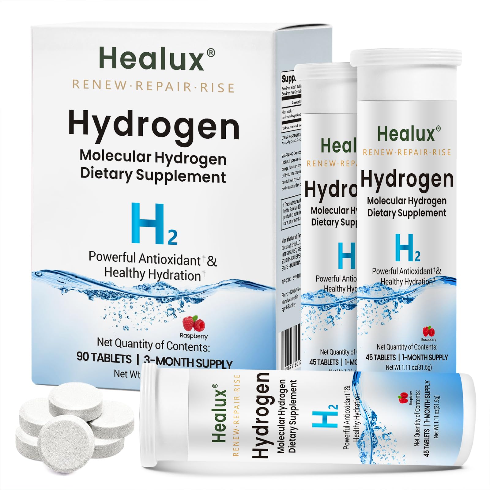 Healux Hydrogen Water Tablets 12 PPM - Molecular H2 Tablets with Magnesium, 90 Tablets