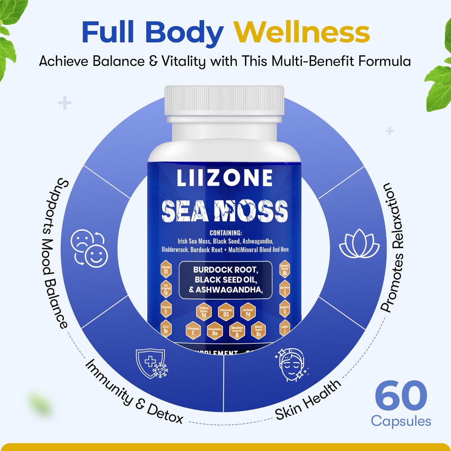 LIIZONE Complex Sea Moss Capsules with Ashwagandha, Turmeric & Vitamin C and Black Seed Oil Capsules for Immune Support, Joint & Gut Health, 60 Count Capsules