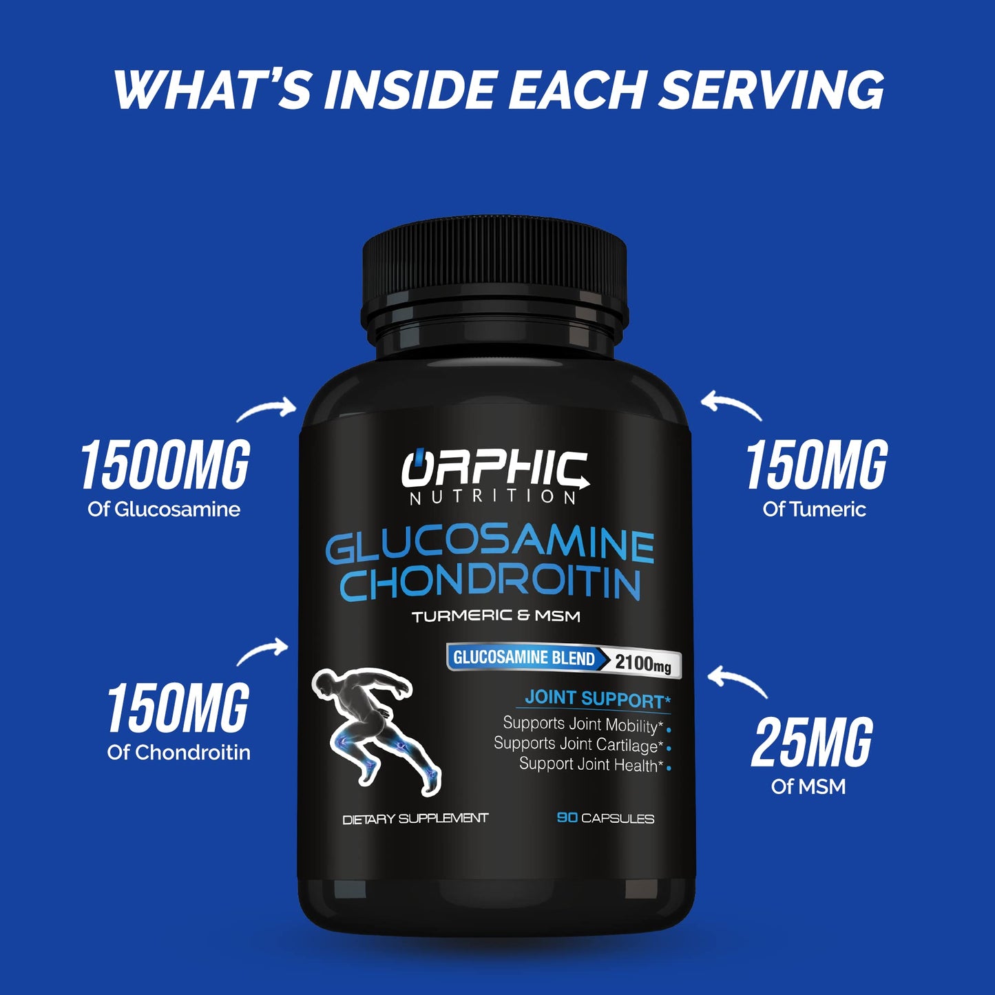 Orphic Nutrition Glucosamine Chondroitin MSM 2100mg Capsules, 90 Count