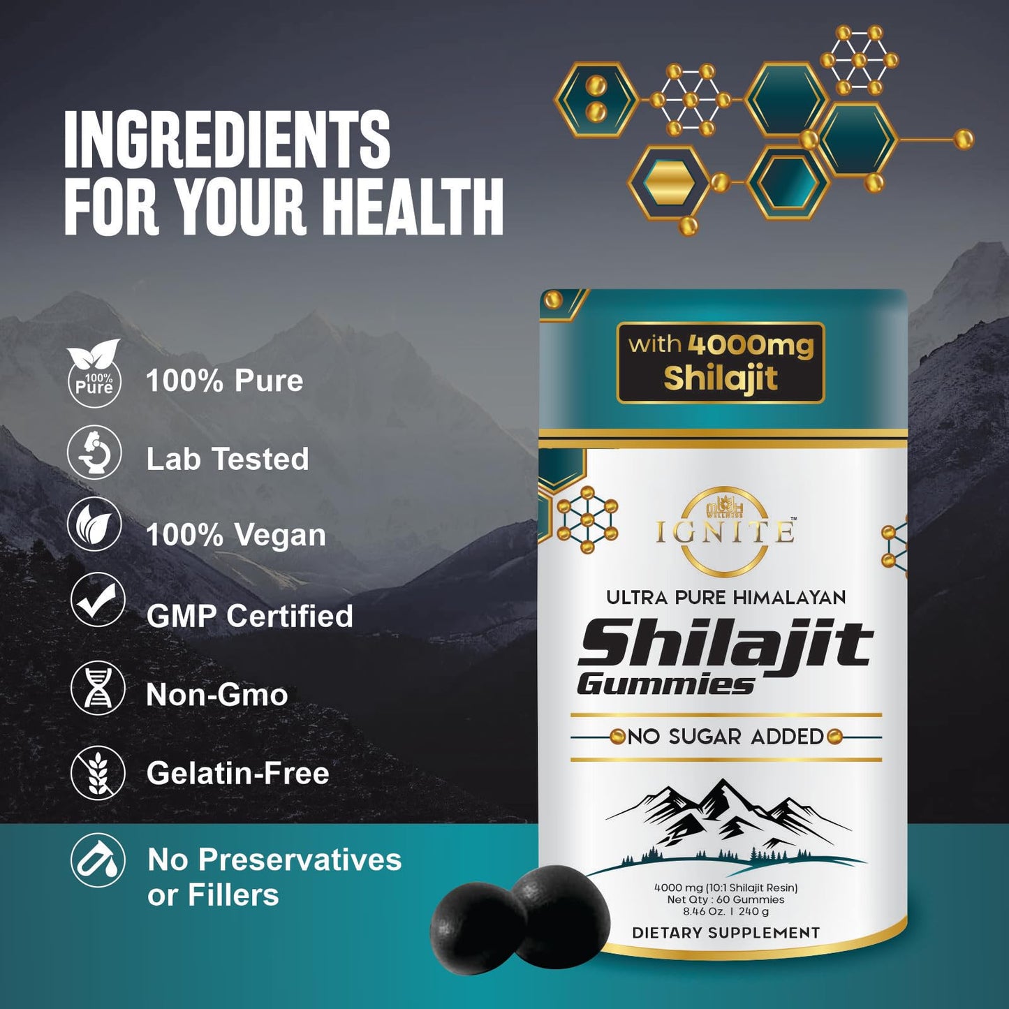 MBDH Wellness Pure Himalayan Shilajit Gummies, 60 Gummies