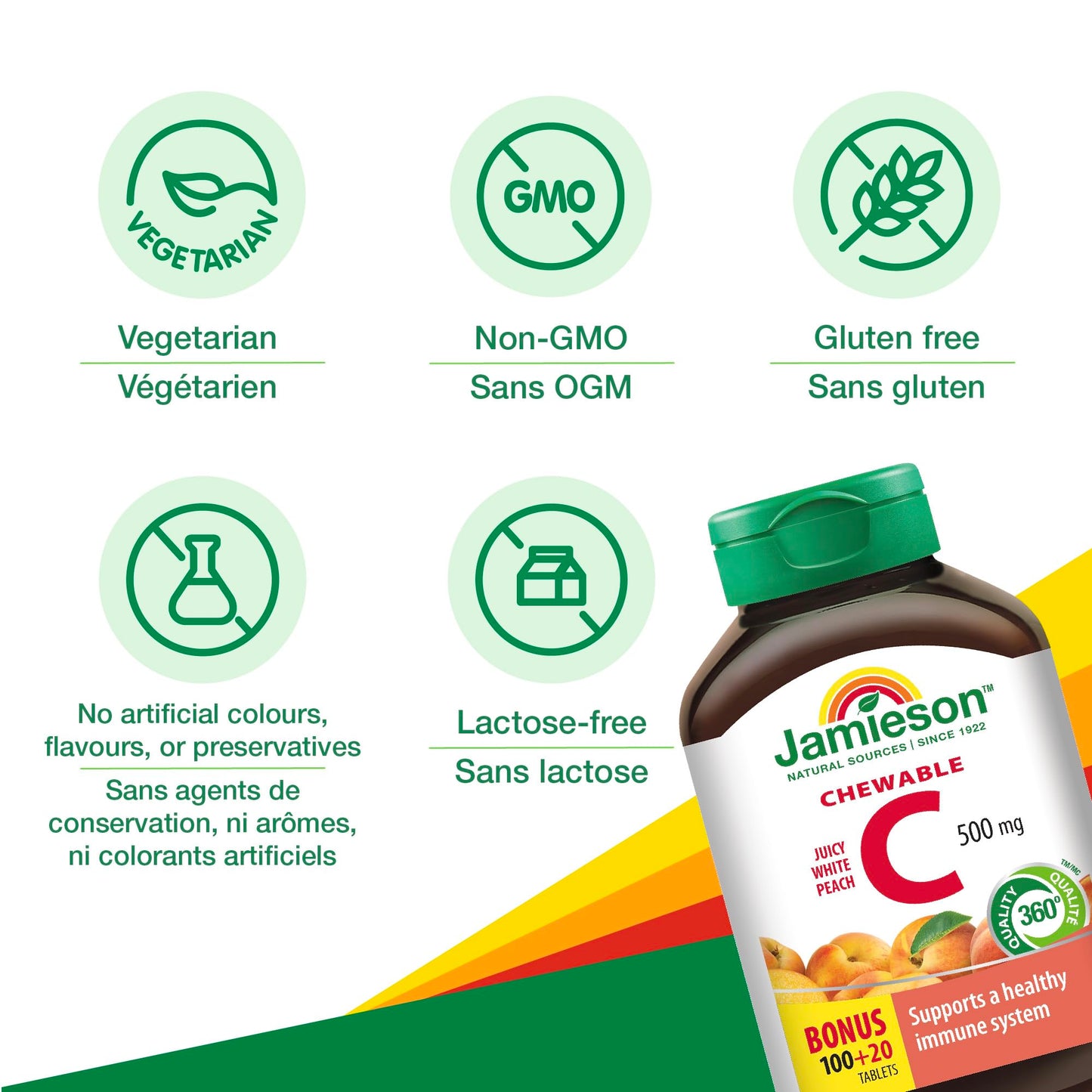 Jamieson Laboratories Vitamin C Chewables 500 mg - Juicy White Peach Flavour, 120 Tablets