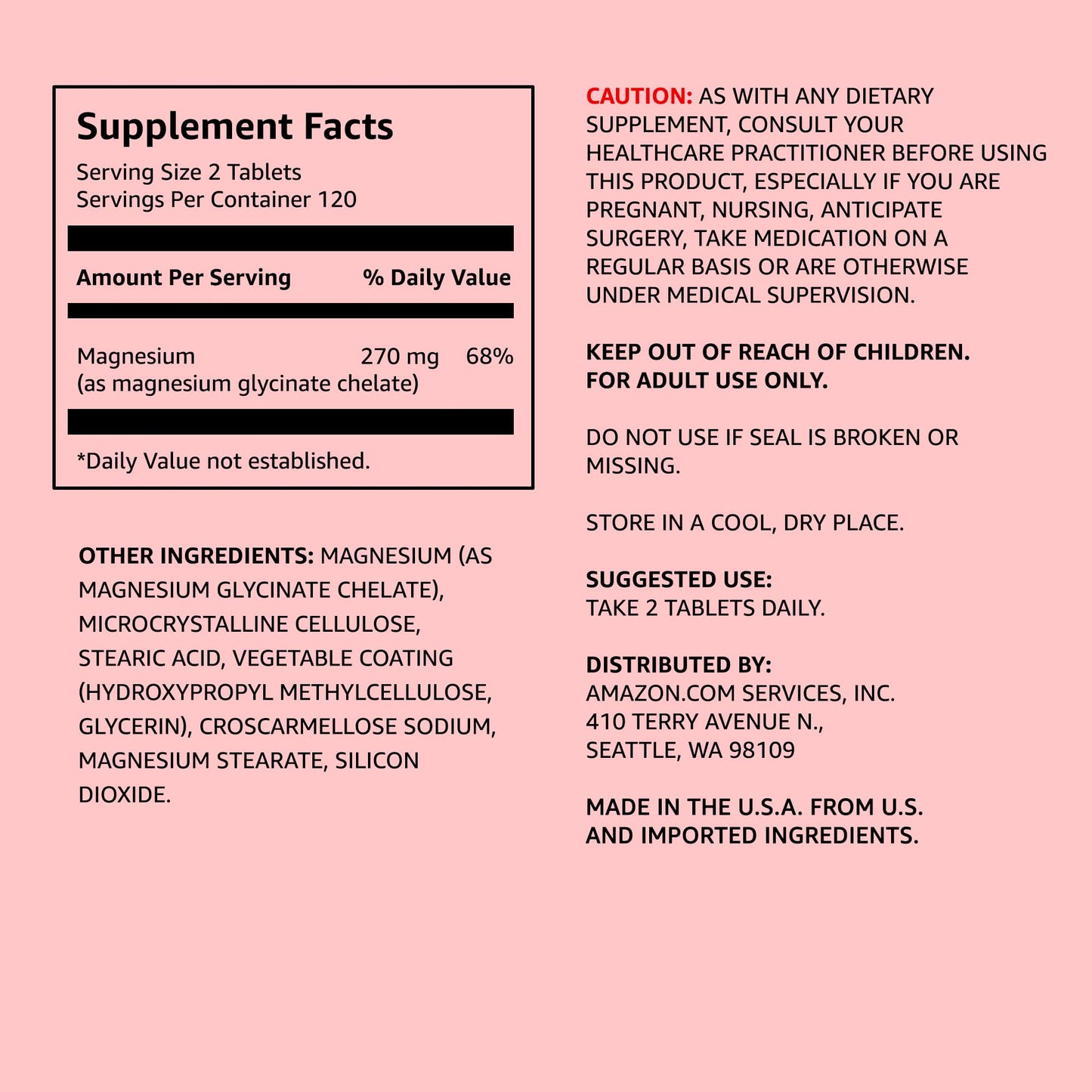 Amazon Elements Chelated Magnesium 270 mg per Serving as Magnesium Glycinate Chelate, Vegan, 240 Tablets