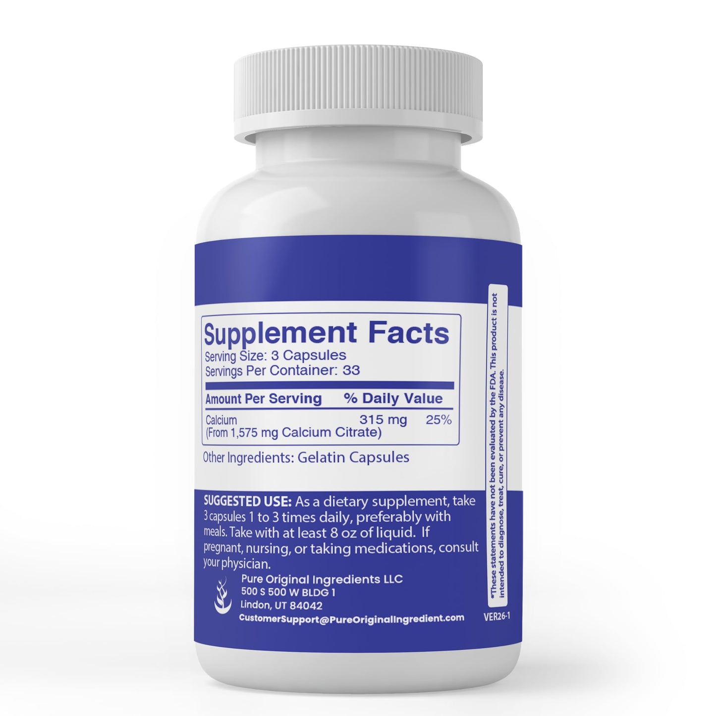 Pure Organic Ingredients Calcium Citrate Capsules 100 Count
