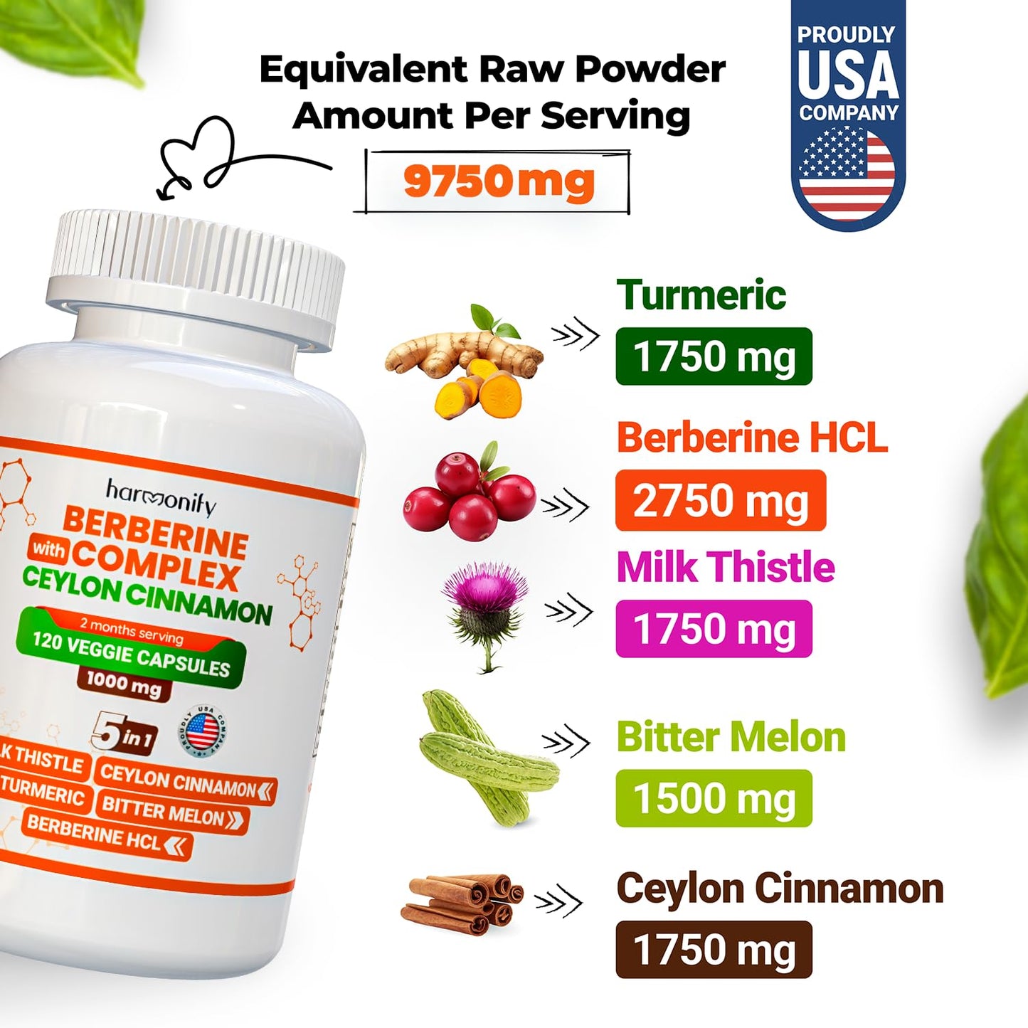 HARMONIFY Berberine Supplement with Ceylon Cinnamon, Milk Thistle, Turmeric, Bitter Melon Complex, 120 Capsules