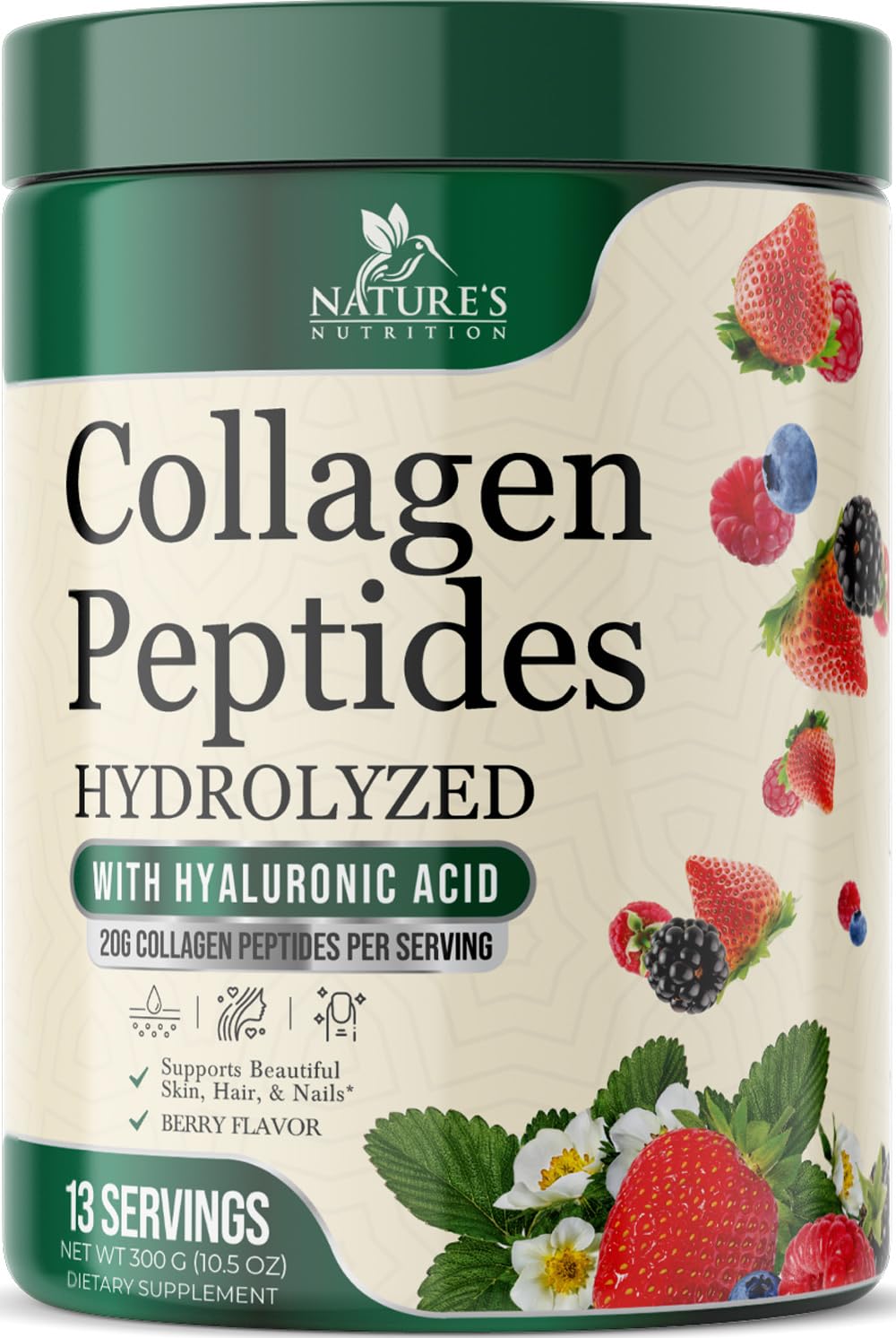 Nature's Nutrition Collagen Peptides Powder, Hydrolyzed Type I & III Berry Flavor with Biotin, Hyaluronic Acid, Vitamin C, Hair, Skin & Nails Support, 10.5 oz