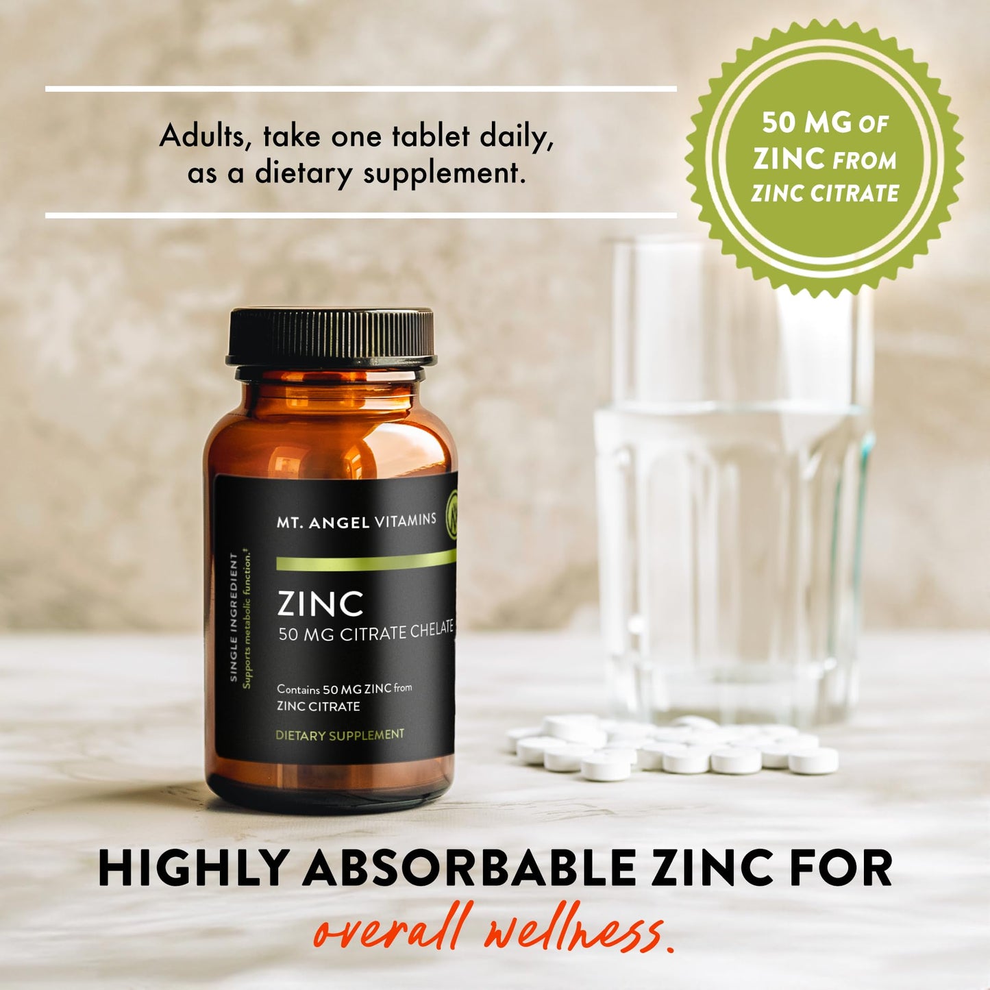 Mt. Angel Vitamins Zinc Citrate 50mg Tablet, 60 Count