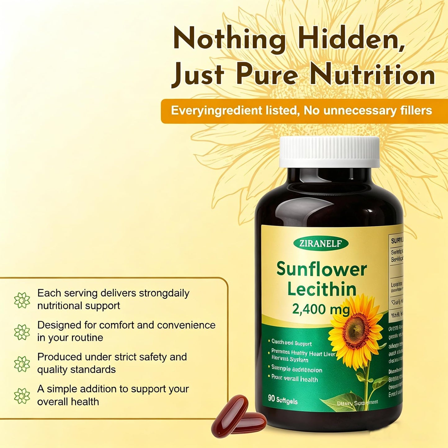 ZiranElf Sunflower Lecithin 2400mg Softgels, 90 Count