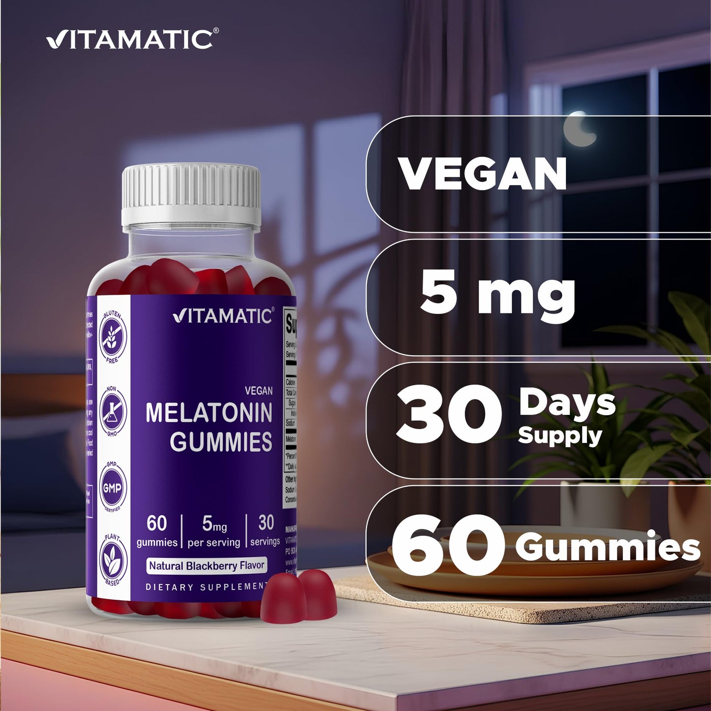 Vitamatic Vegan Melatonin Gummies 60 Count