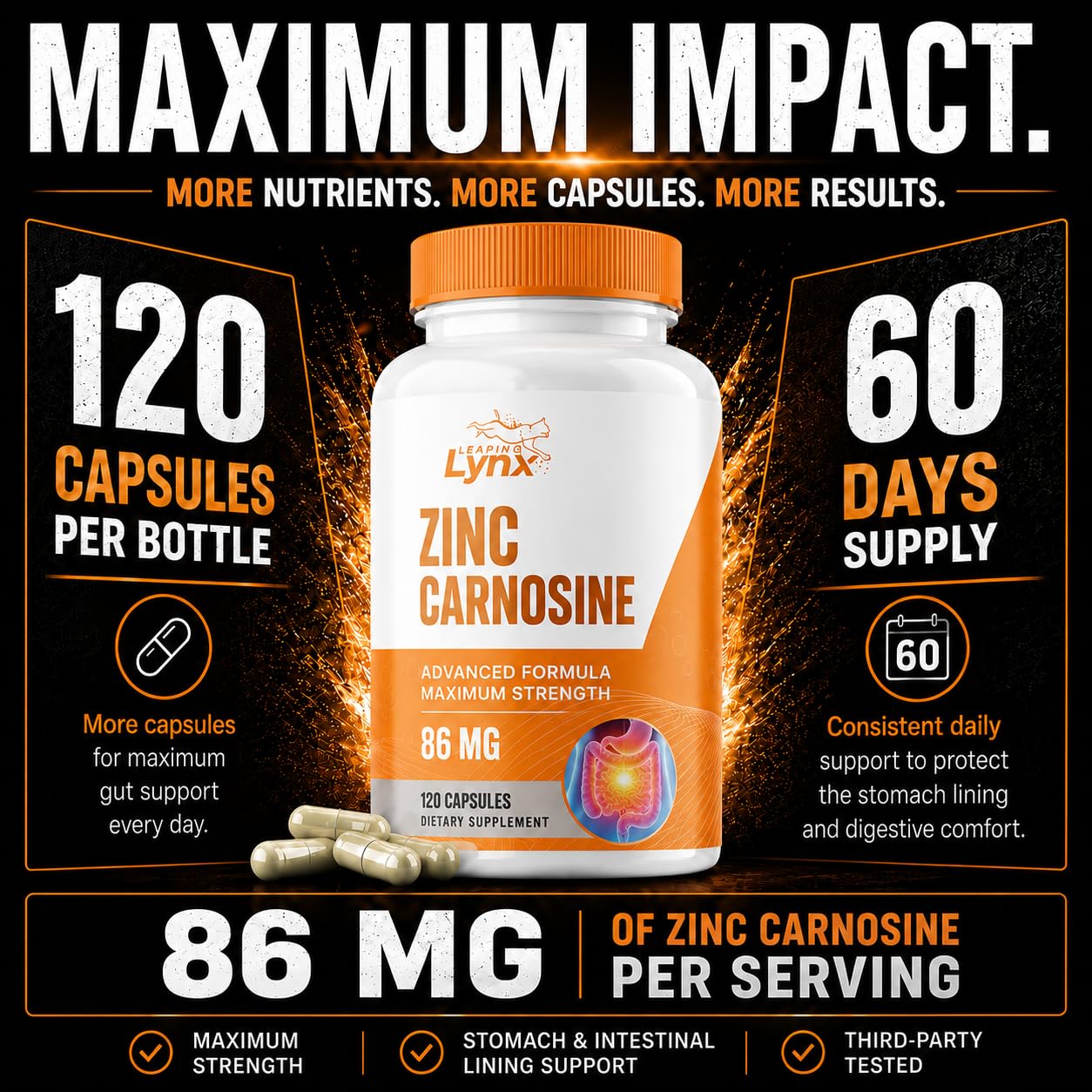 Leaping Lynx Zinc Carnosine 86 mg – Clinically Studied Zinc + L-Carnosine Complex for Gut Lining & Stomach Support, 120 Capsules