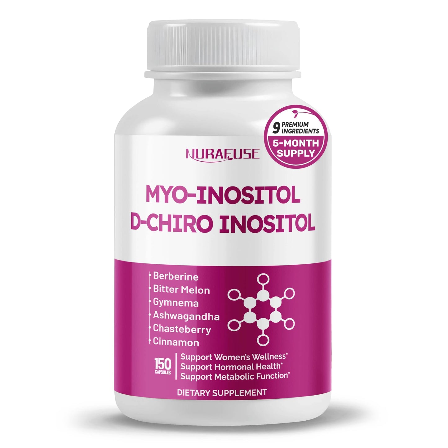 NURAFUSE High Potency Myo-Inositol & D-Chiro Inositol with Chasteberry, Cinnamon, Bitter Melon & Gymnema Capsules, 150 Count