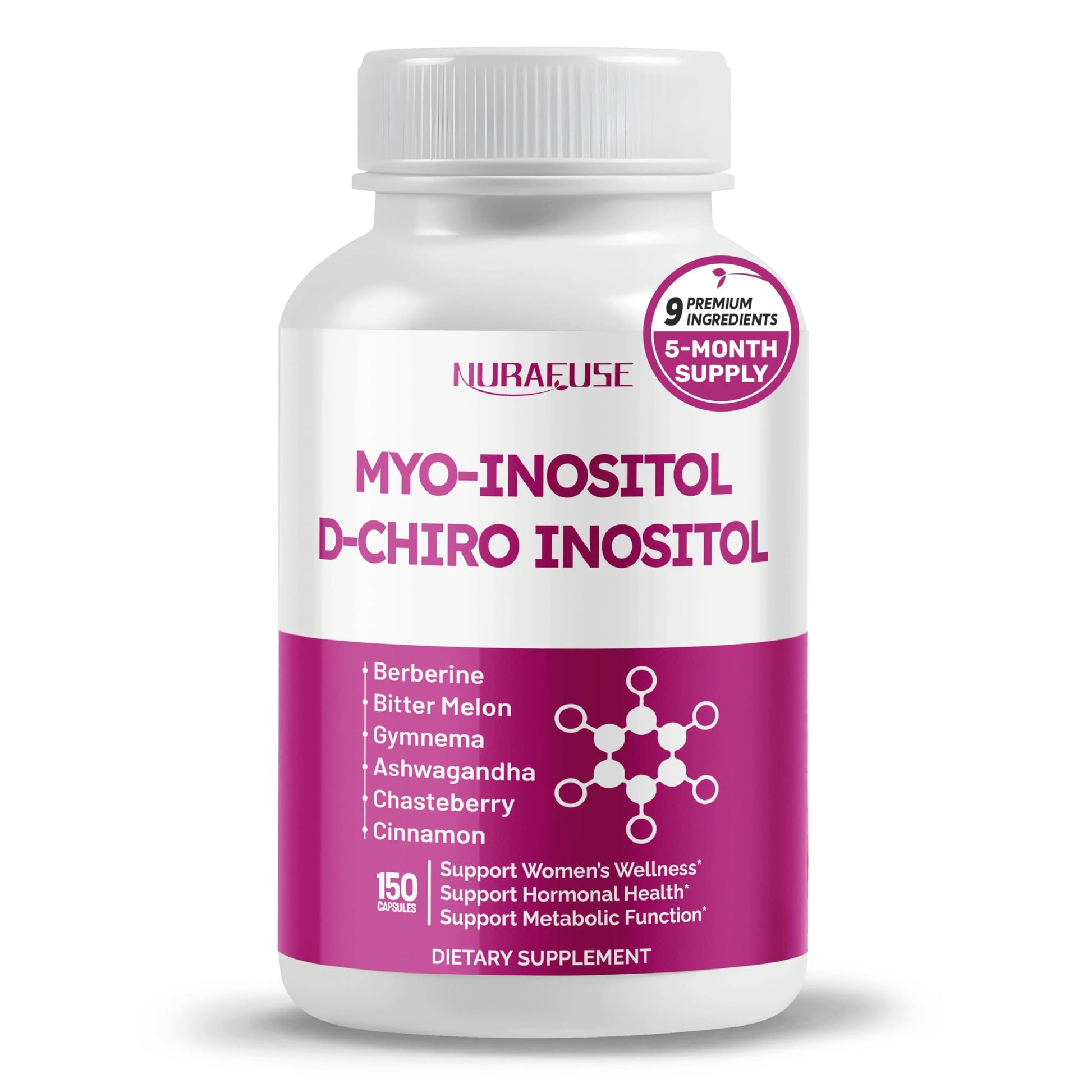 NURAFUSE High Potency Myo-Inositol & D-Chiro Inositol with Chasteberry, Cinnamon, Bitter Melon & Gymnema Capsules, 150 Count