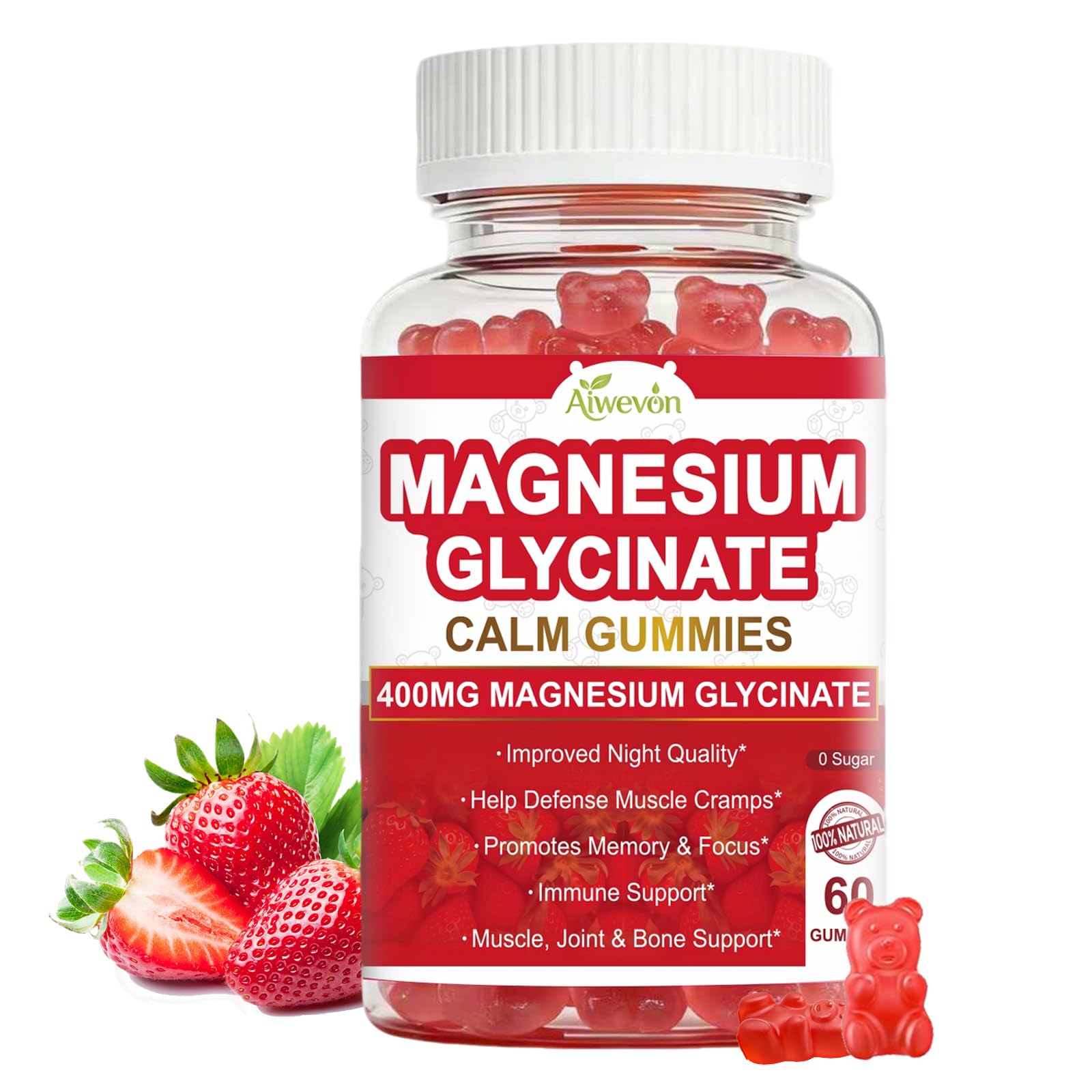 Aiwevon Magnesium Glycinate Gummies 400mg Sugar Free, Chewable Strawberry, 60 count