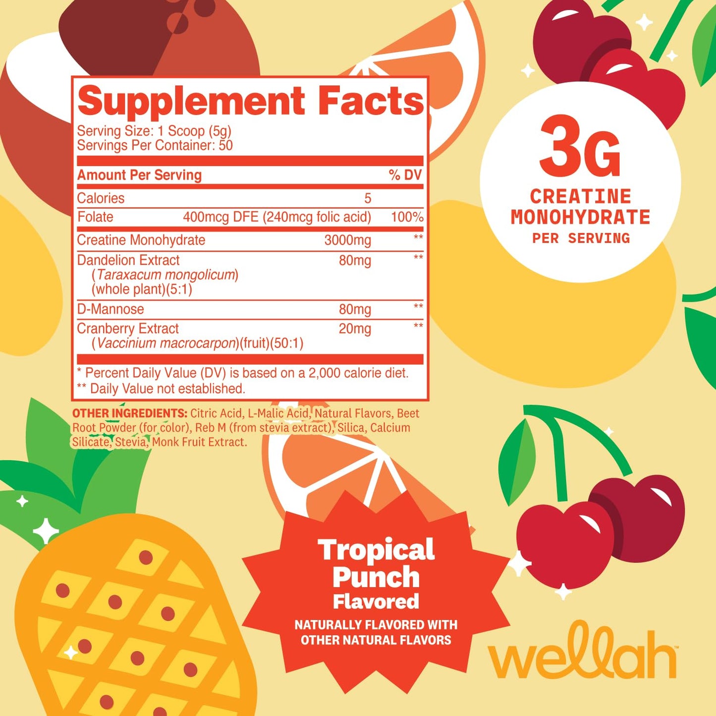 Wellah Creatine for Women - Creatine Monohydrate with Dandelion & Cranberry Extract Powder 9.3