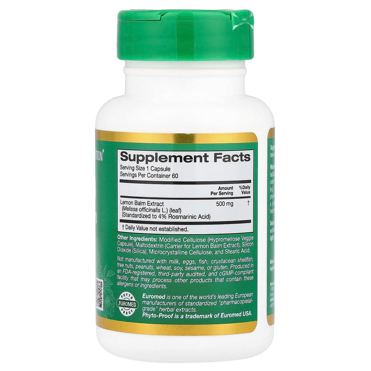 California Gold Nutrition Lemon Balm Extract 500 mg Veggie Capsules, 60 Capsules