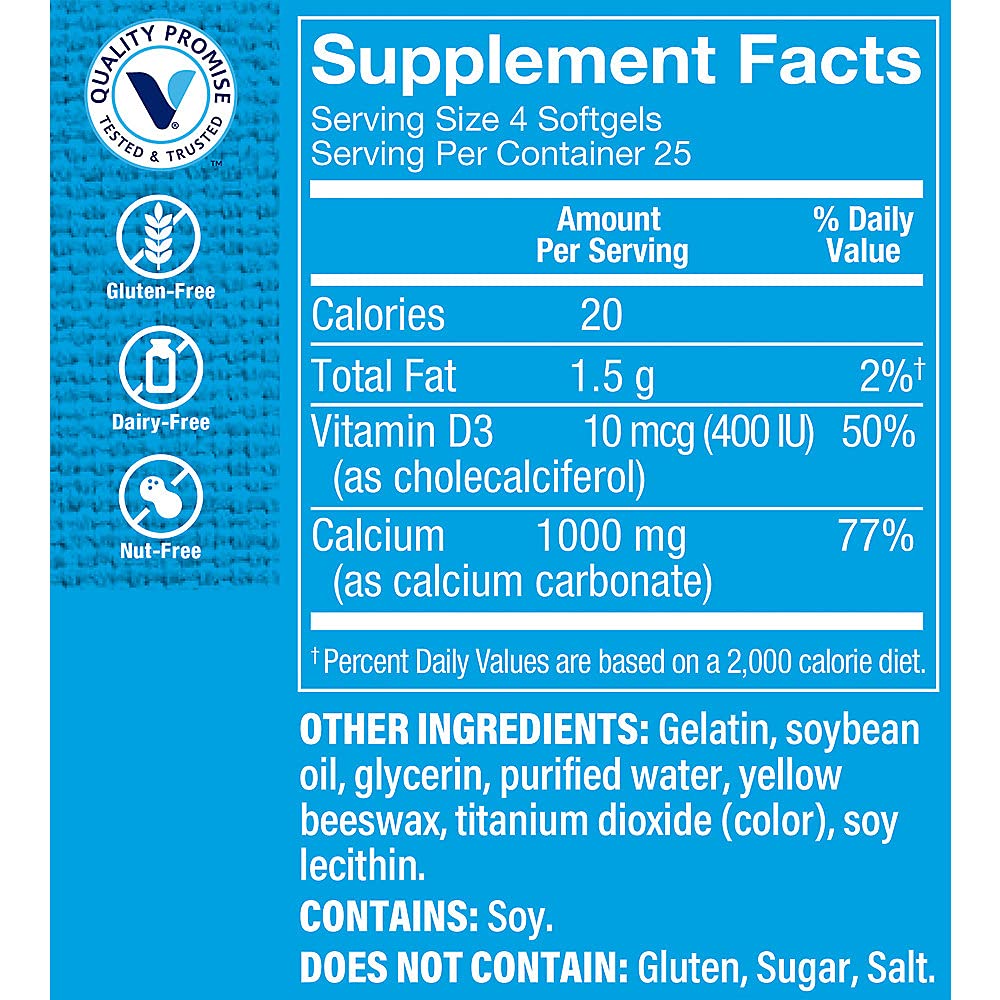 The Vitamin Shoppe Calcium 1,000MG Softgel - Bone Strength, Teeth Health & Muscle Function Support, Daily Mineral, 100 Softgels