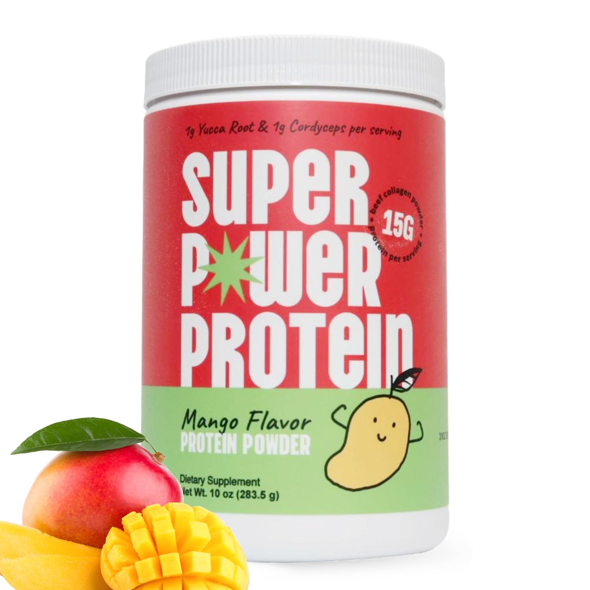 SUPER POWER PROTEIN Hydrolyzed Beef Collagen Peptides Powder with Cordyceps & Yucca Root Mango Flavor, 10 oz