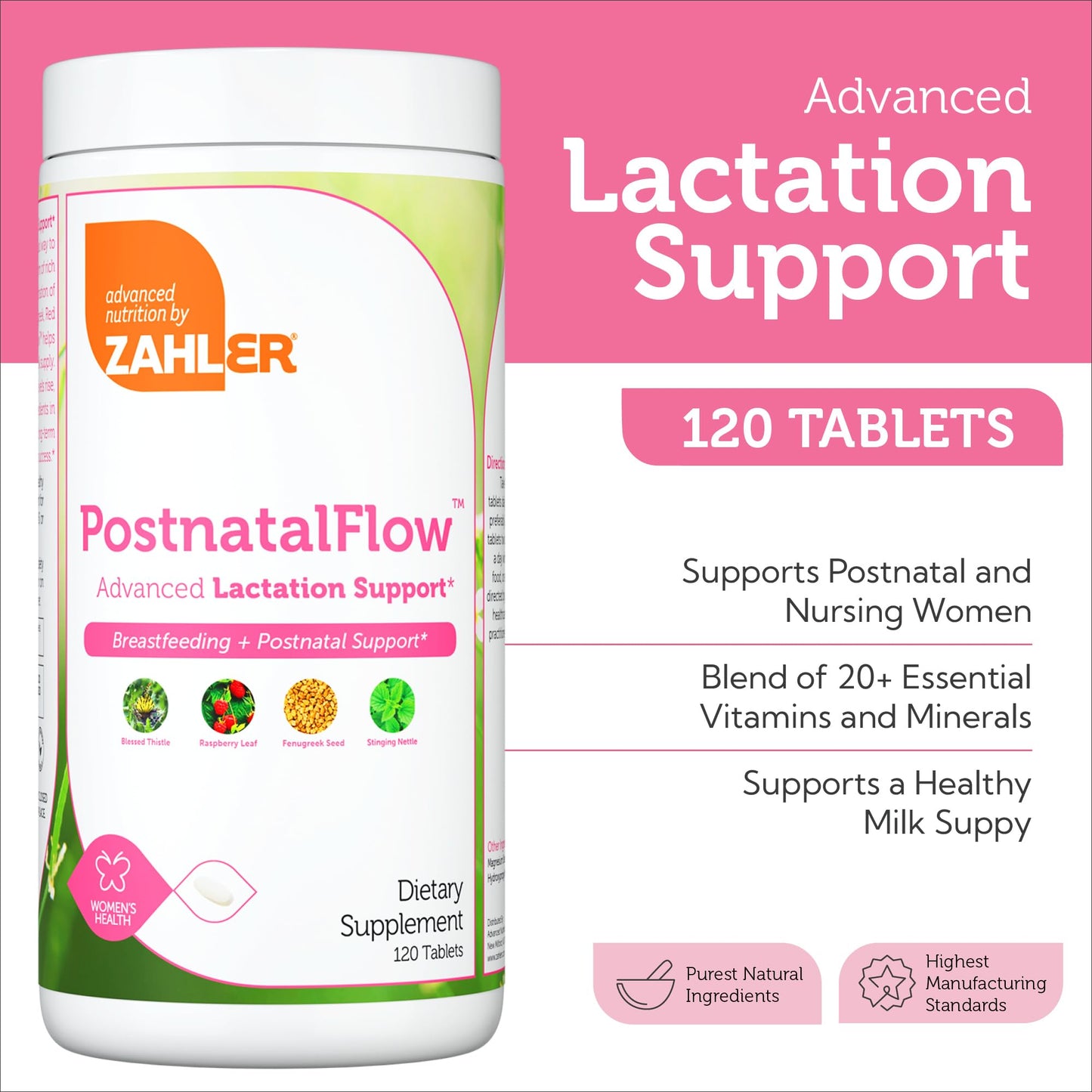 Zahler Postnatal Flow for Advanced Lactation Support, Breastfeeding + Postnatal Support, 120 Tablets