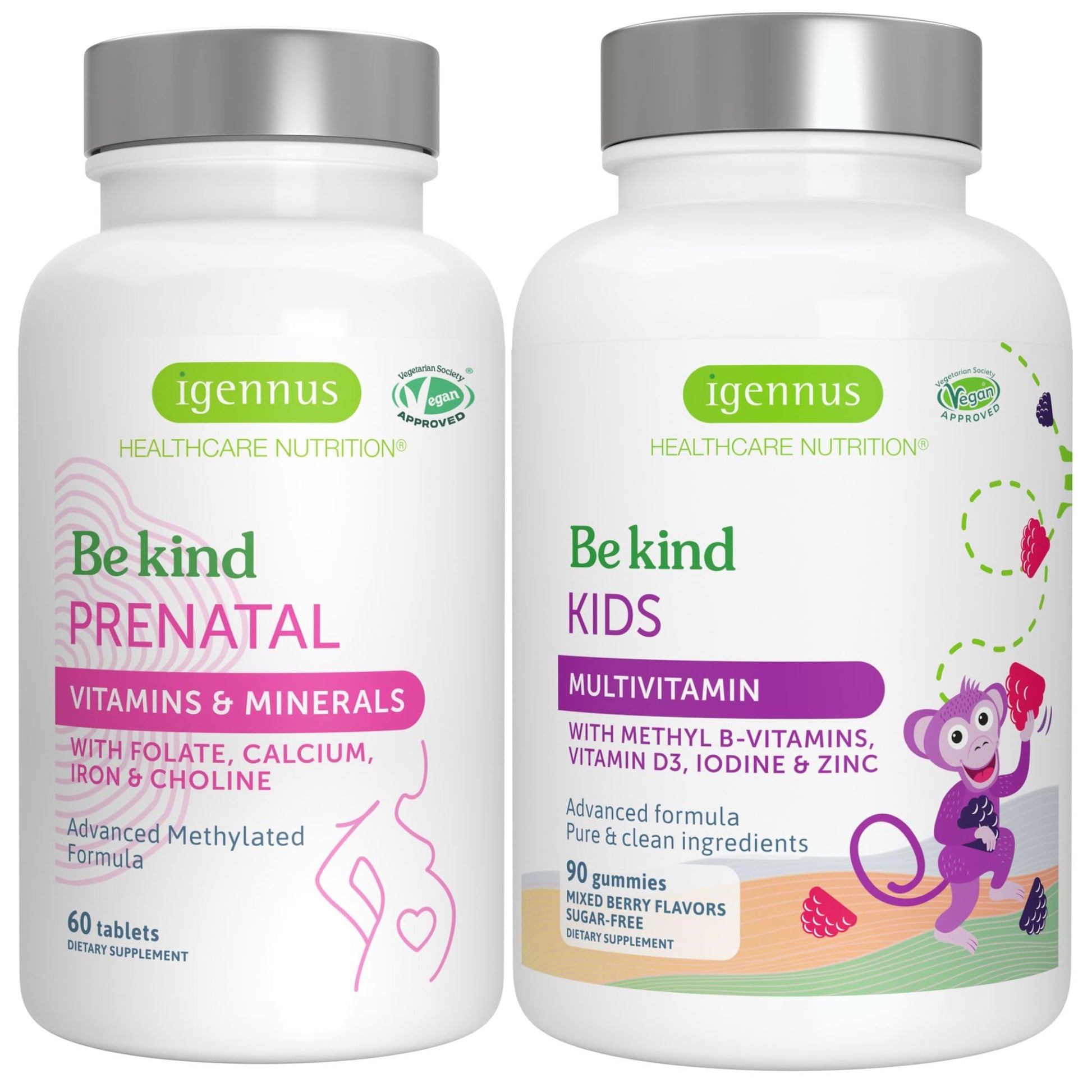 Igennus Healthcare Nutrition High Absorption Methylated Prenatal + Advanced Kids Multivitamin Gummies Bundle, 60 Tablets + 90 Gummies, 150 Count