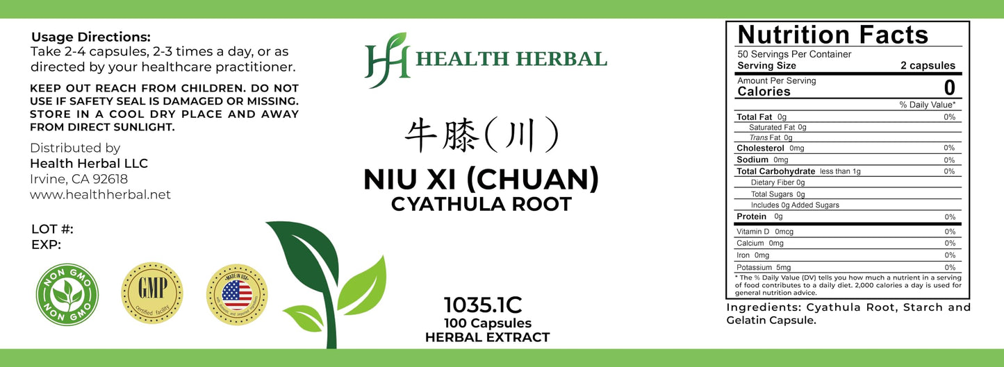 Health Herbal NIU Xi (Chuan)/Cyathula Root Capsules, 100 Capsules