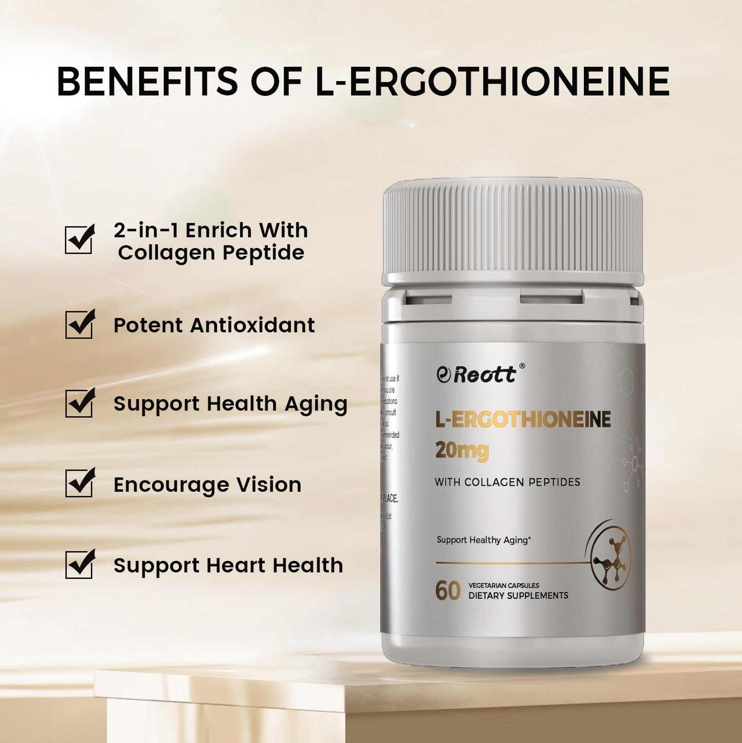 REOTT L-Ergothioneine with Collagen Peptides Capsules, 60 Count