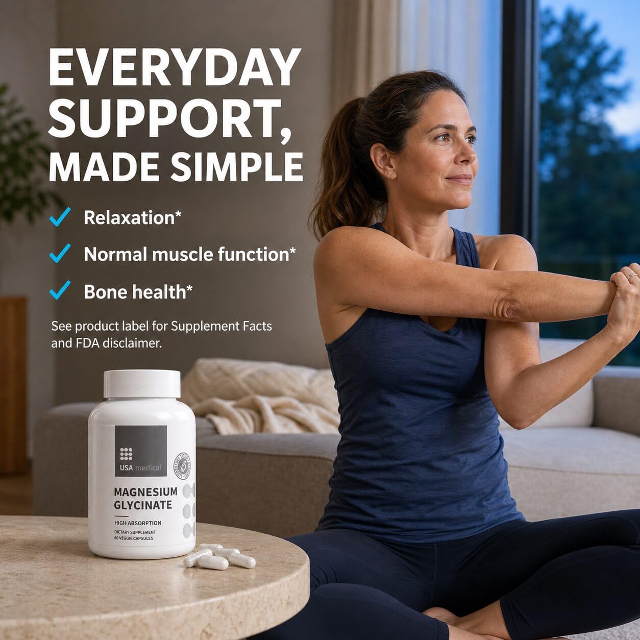USA Medical Magnesium Glycinate 350 mg Vegetable Capsule, 60 Count