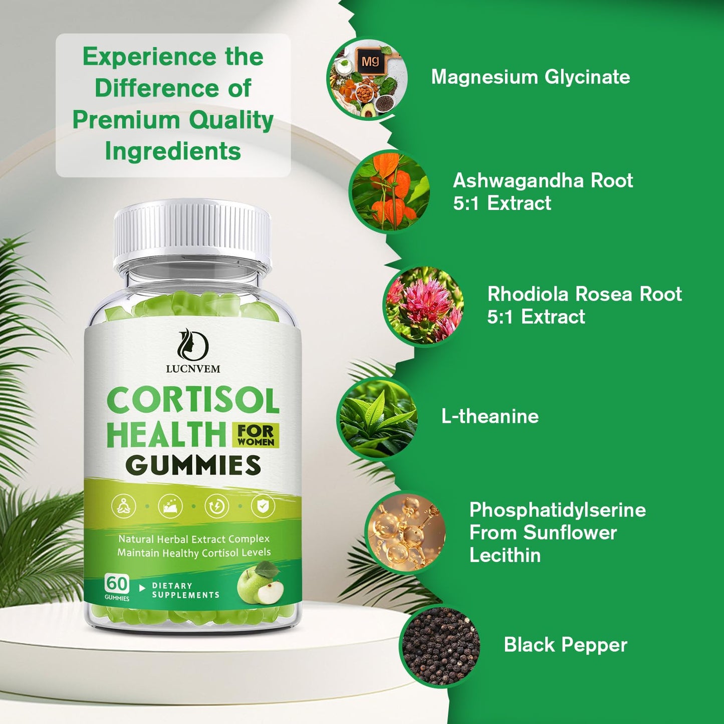 LUCNVEM Cortisol Supplements Gummies, Magnesium, Ashwagandha, Rhodiola Rosea and L-Theanine Complex for Women, Maintain Healthy Cortisol Levels, 120 Gummies