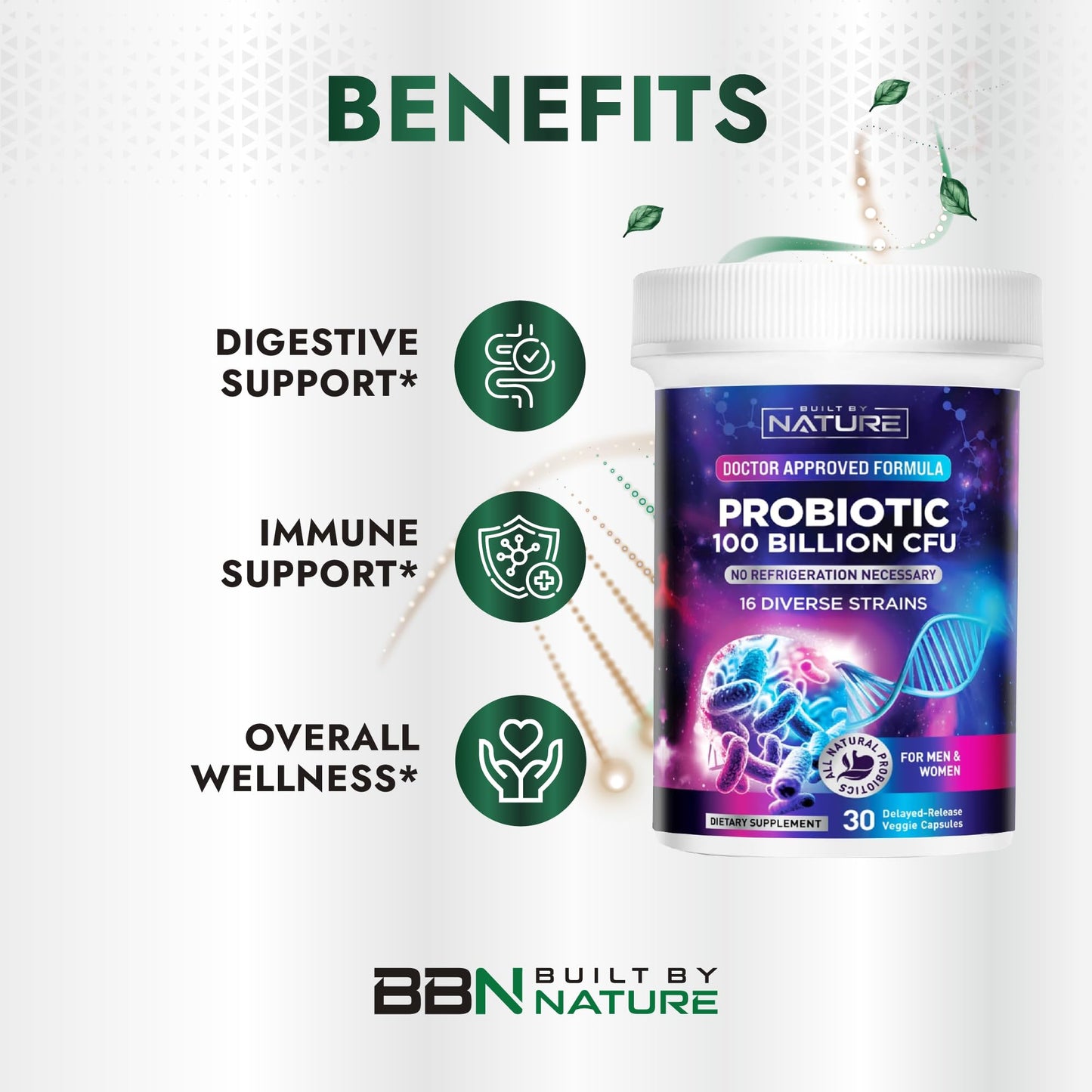 Built by Nature 100 Billion CFU Probiotic – 16 Strains + Prebiotics – Immune & Digestive Support – Delayed Release Capsules, Shelf Stable – 1 Month Supply, 30 Capsules