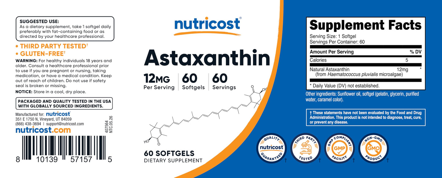 Nutricost Astaxanthin 12mg Softgels 60 Count