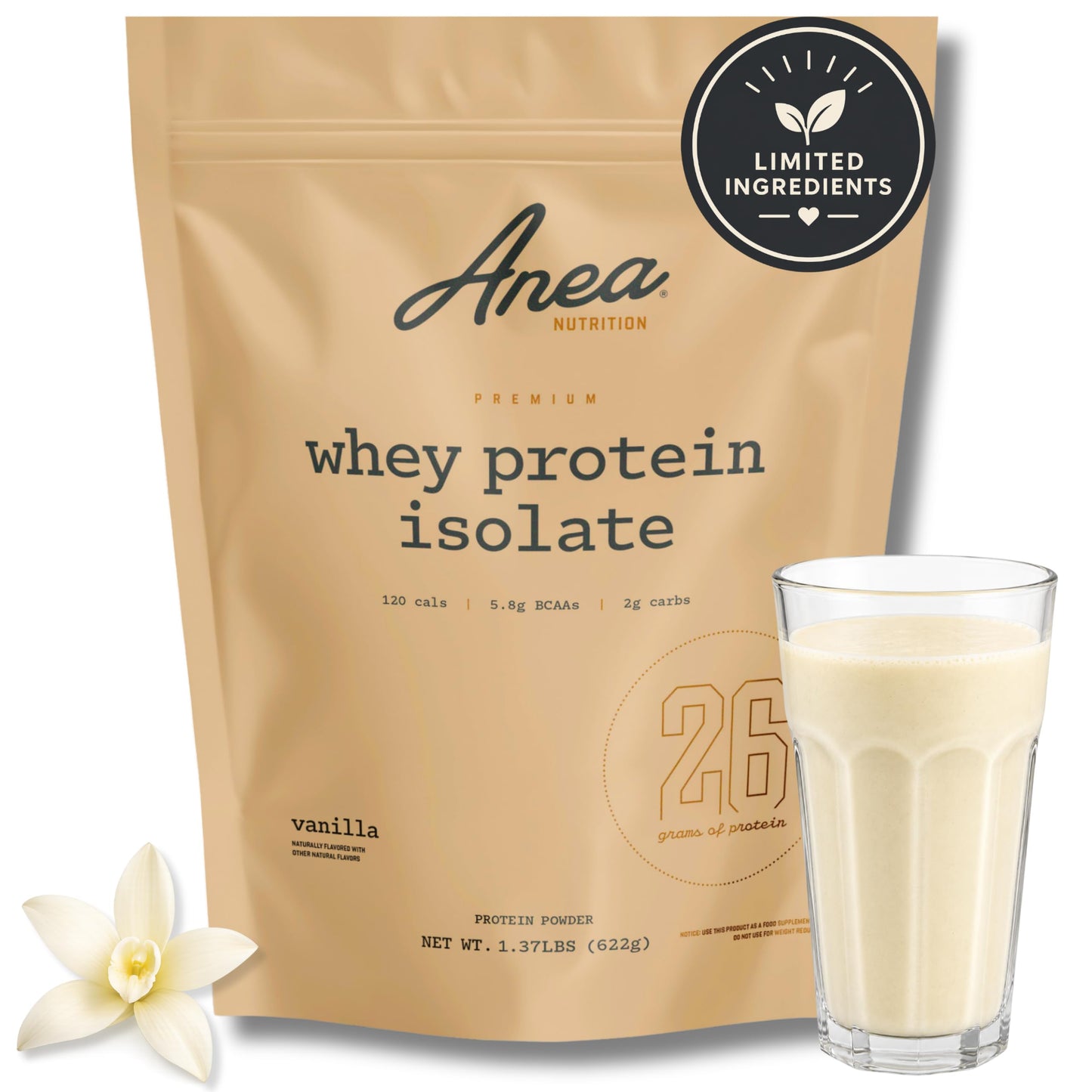 Anea Nutrition Whey Isolate Protein Powder, Vanilla, 21.94 oz