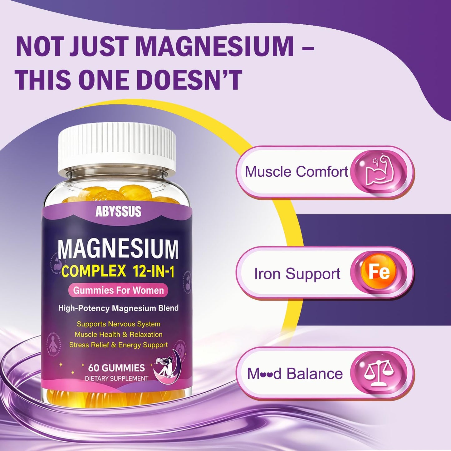 ABYSSUS Magnesium 12-in-1 Complex Gummies for Women, Daily Wellness, 60 Count