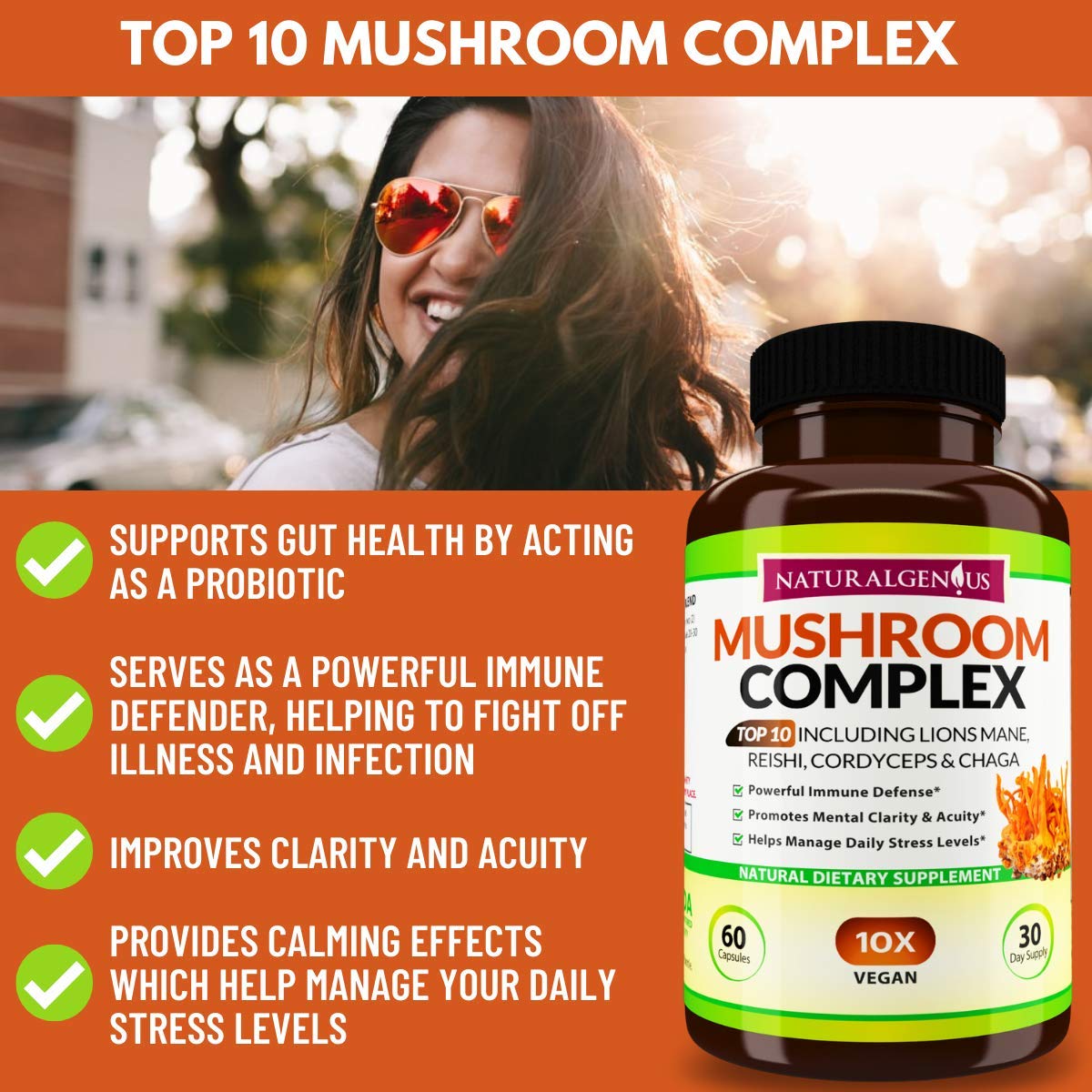 NATURALGENIUS Top 10 Mushroom Extracts - White Button, Lions Mane, Cordyceps, Chaga, Reishi Plus - Immune Booster, Nootropic 60 Capsules