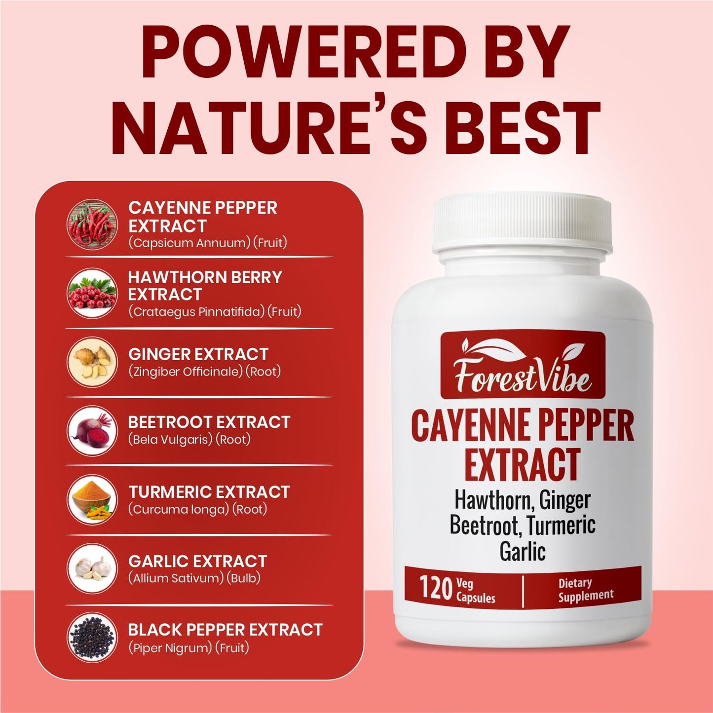 ForestVibe Cayenne Pepper Capsules with Hawthorn, Ginger, Beetroot, Garlic & Turmeric 7-in-1 Blend, 120 Capsules