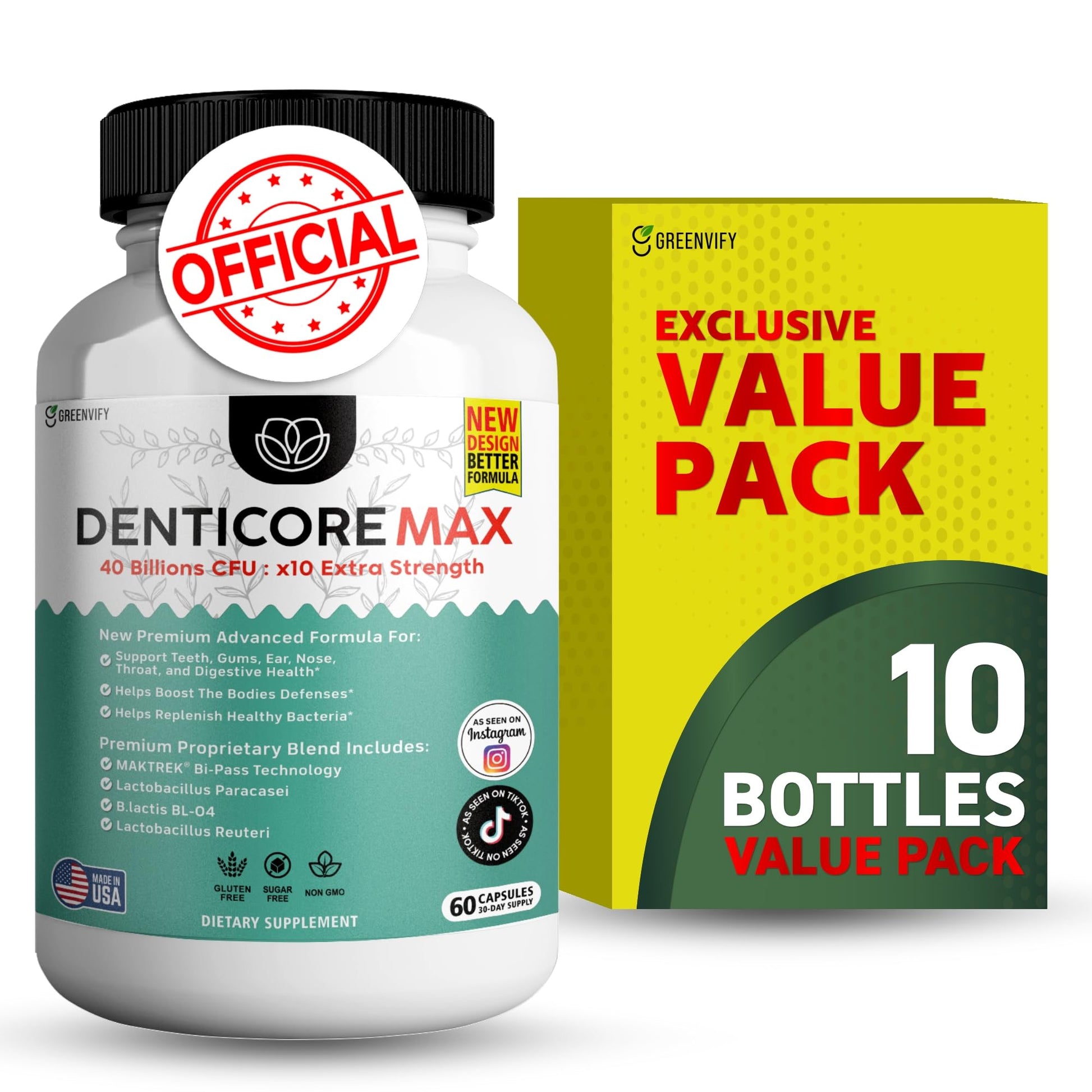DentiCore Max for Gums and Teeth Health - 40 Billion CFU Advanced Oral Probiotics, Fresh Breath Support, 600 Capsules