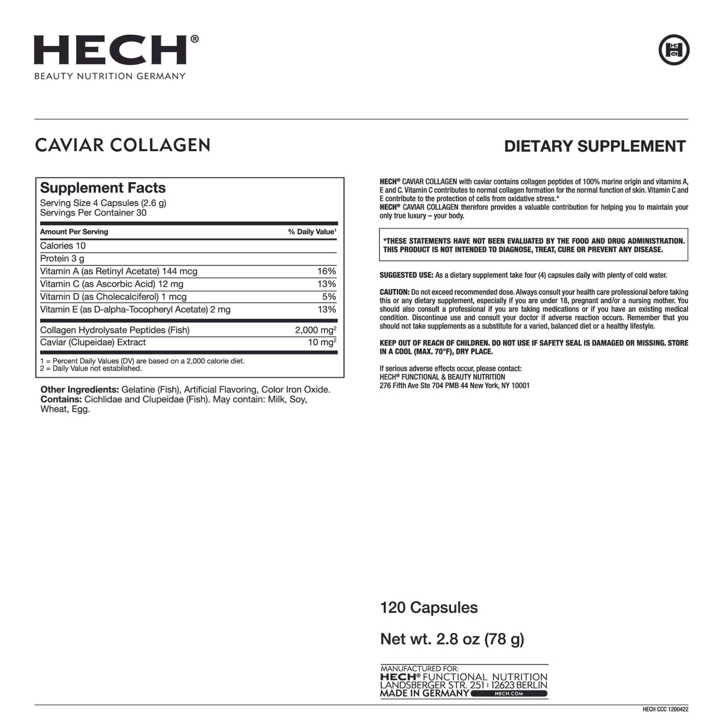 HECH Marine Caviar Collagen Capsules, 120 Count