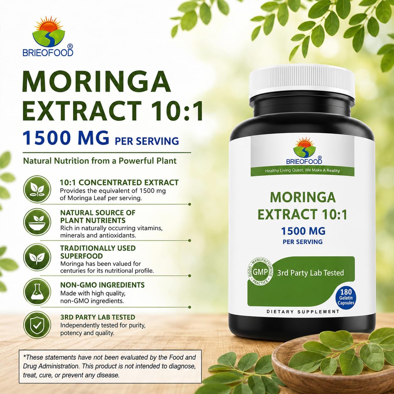 Brieofood Moringa Oleifera Extract 10:1 1500 mg Capsules 180